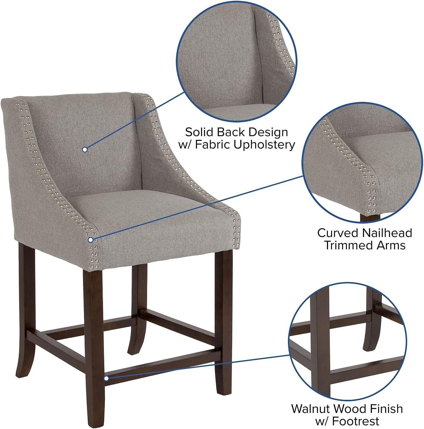 imageFlash Furniture Carmel Series 24quot High Transitional Walnut Counter Height Stool with Nail Trim in Dark Gray Fabric Set of 2Light Gray Fabric