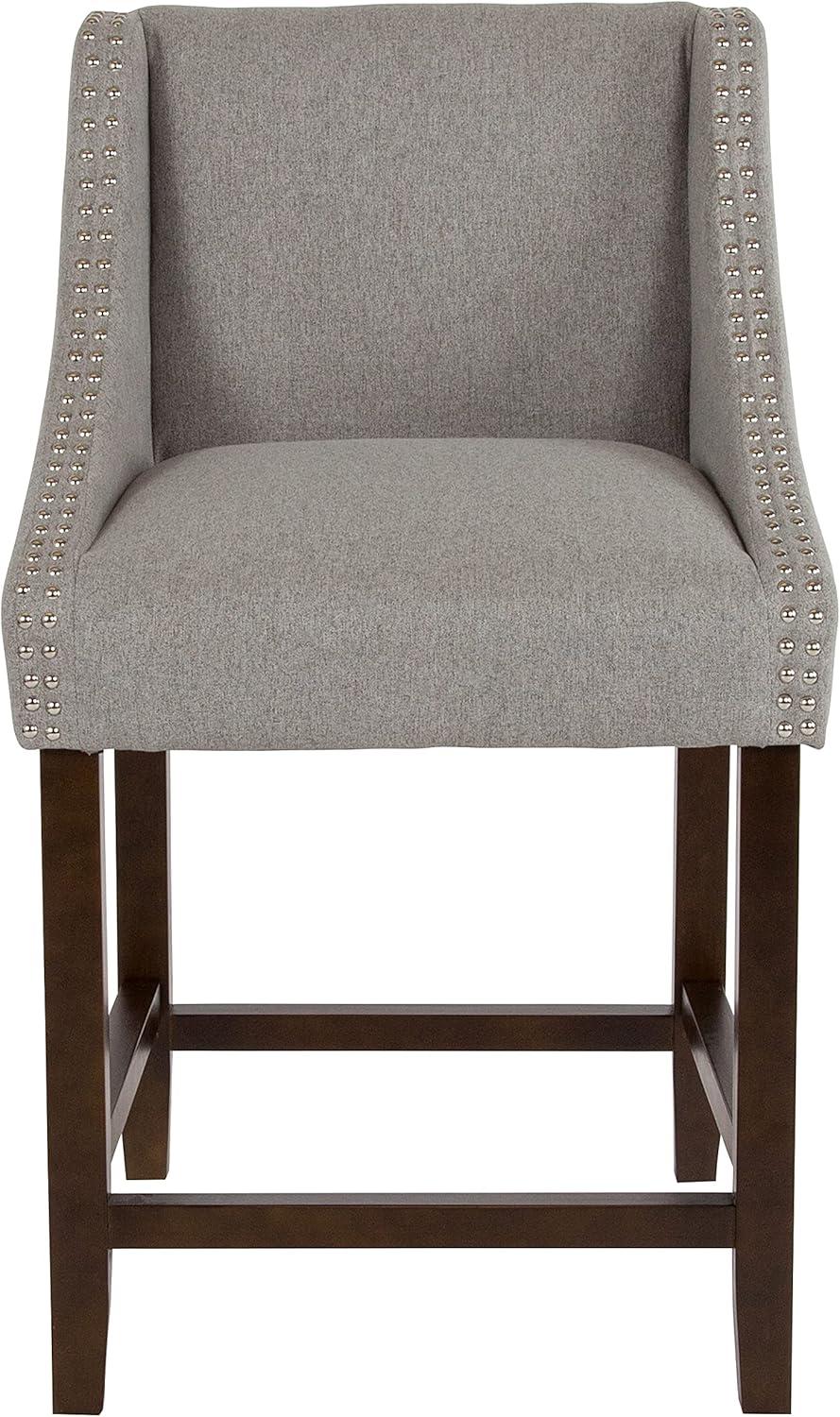 imageFlash Furniture Carmel Series 24quot High Transitional Walnut Counter Height Stool with Nail Trim in Dark Gray Fabric Set of 2Light Gray Fabric