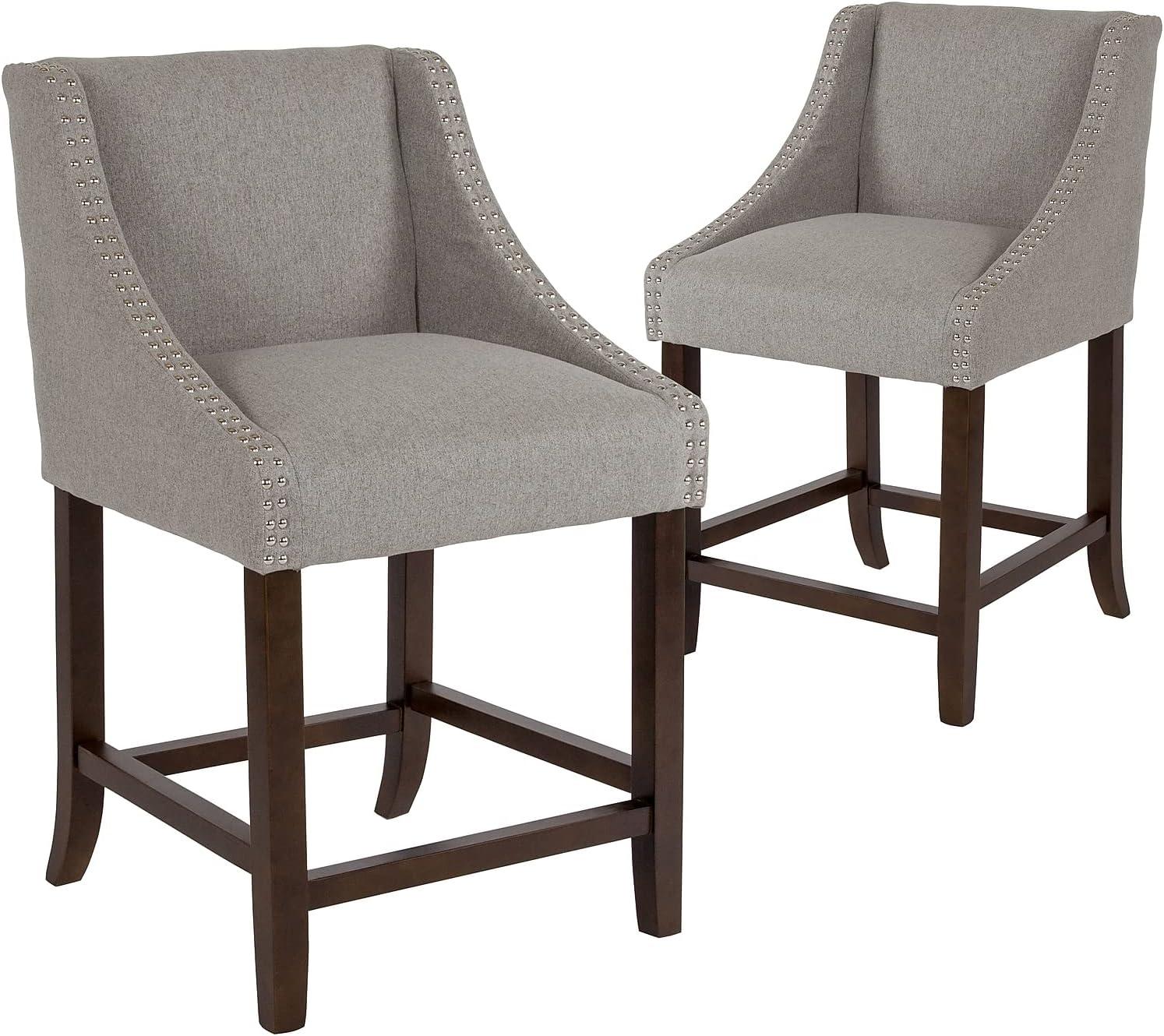 imageFlash Furniture Carmel Series 24quot High Transitional Walnut Counter Height Stool with Nail Trim in Dark Gray Fabric Set of 2Light Gray Fabric