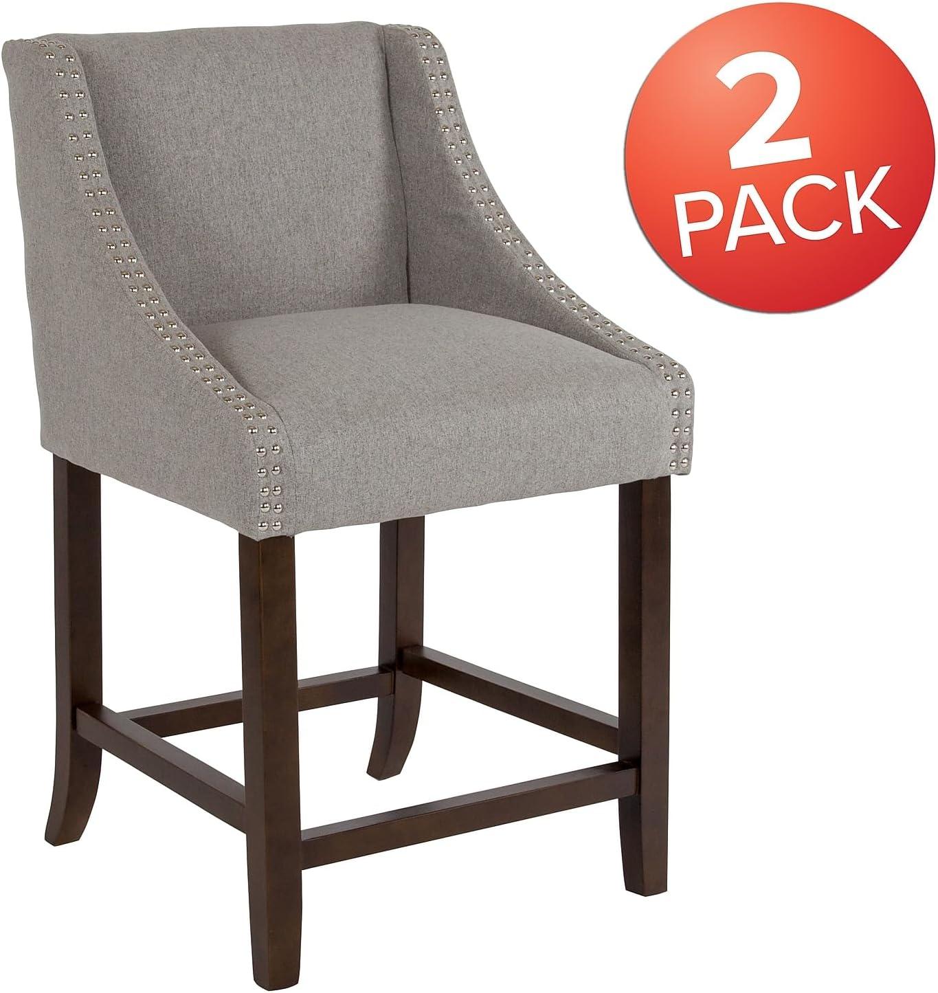 imageFlash Furniture Carmel Series 24quot High Transitional Walnut Counter Height Stool with Nail Trim in Dark Gray Fabric Set of 2Light Gray Fabric