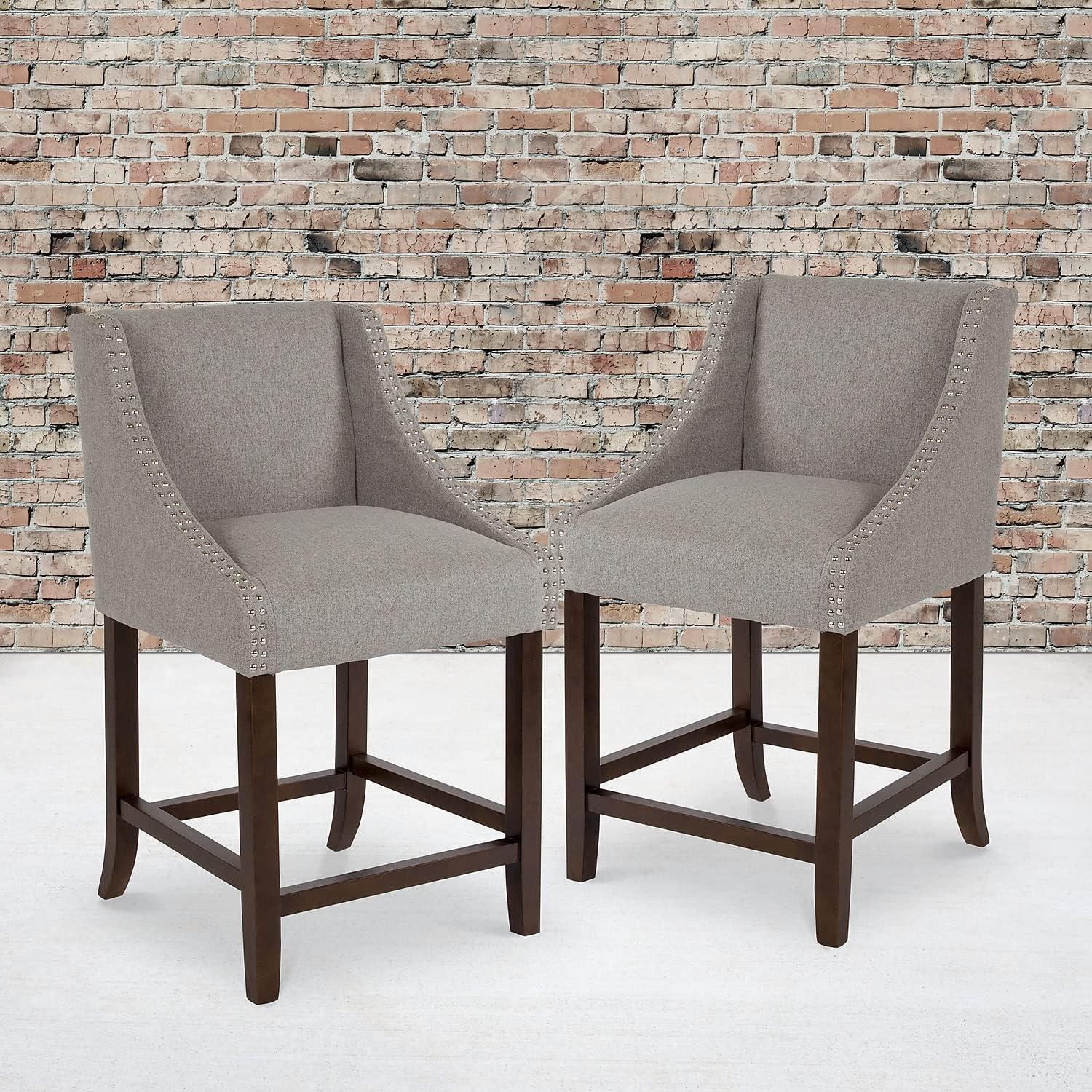 imageFlash Furniture Carmel Series 24quot High Transitional Walnut Counter Height Stool with Nail Trim in Dark Gray Fabric Set of 2Light Gray Fabric