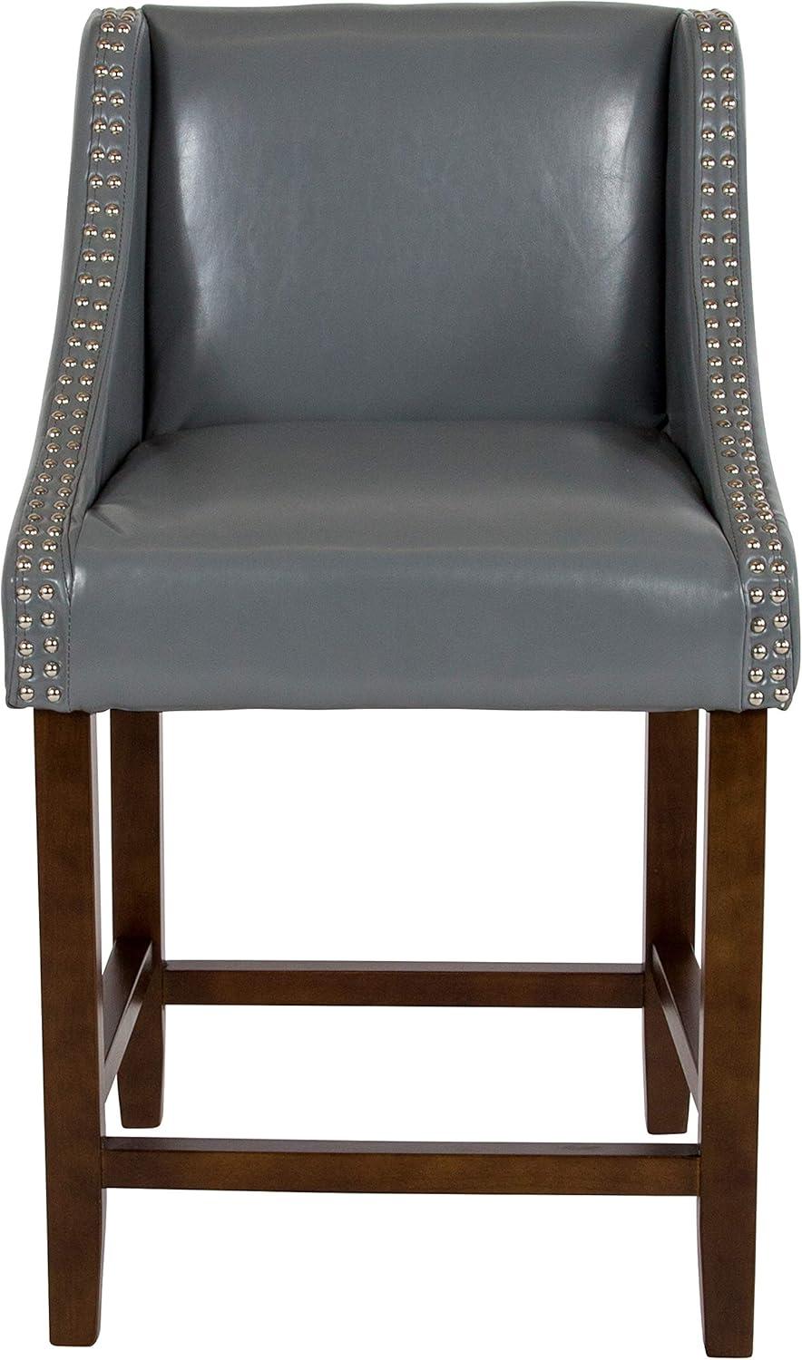 imageFlash Furniture Carmel Series 24quot High Transitional Walnut Counter Height Stool with Nail Trim in Dark Gray Fabric Set of 2Light Gray Leathersoft