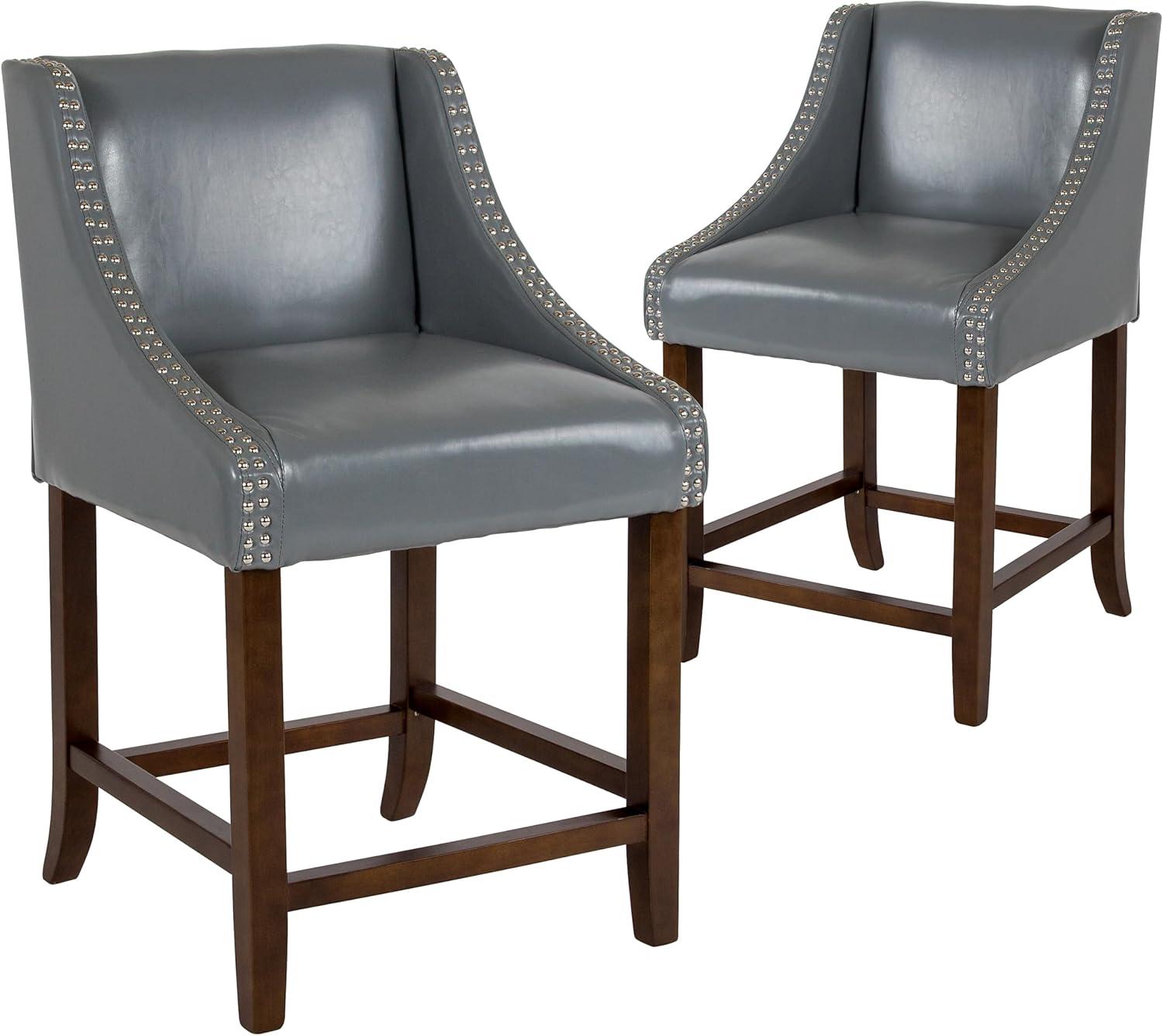 imageFlash Furniture Carmel Series 24quot High Transitional Walnut Counter Height Stool with Nail Trim in Dark Gray Fabric Set of 2Light Gray Leathersoft