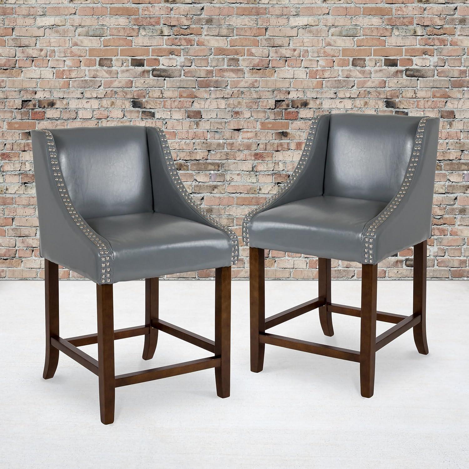 imageFlash Furniture Carmel Series 24quot High Transitional Walnut Counter Height Stool with Nail Trim in Dark Gray Fabric Set of 2Light Gray Leathersoft