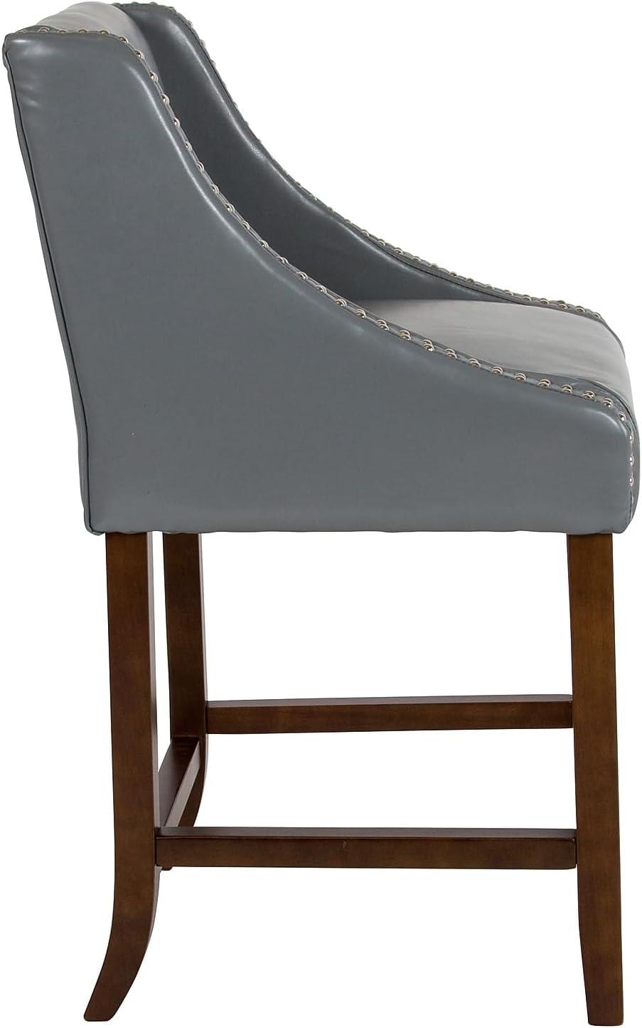 imageFlash Furniture Carmel Series 24quot High Transitional Walnut Counter Height Stool with Nail Trim in Dark Gray Fabric Set of 2Light Gray Leathersoft