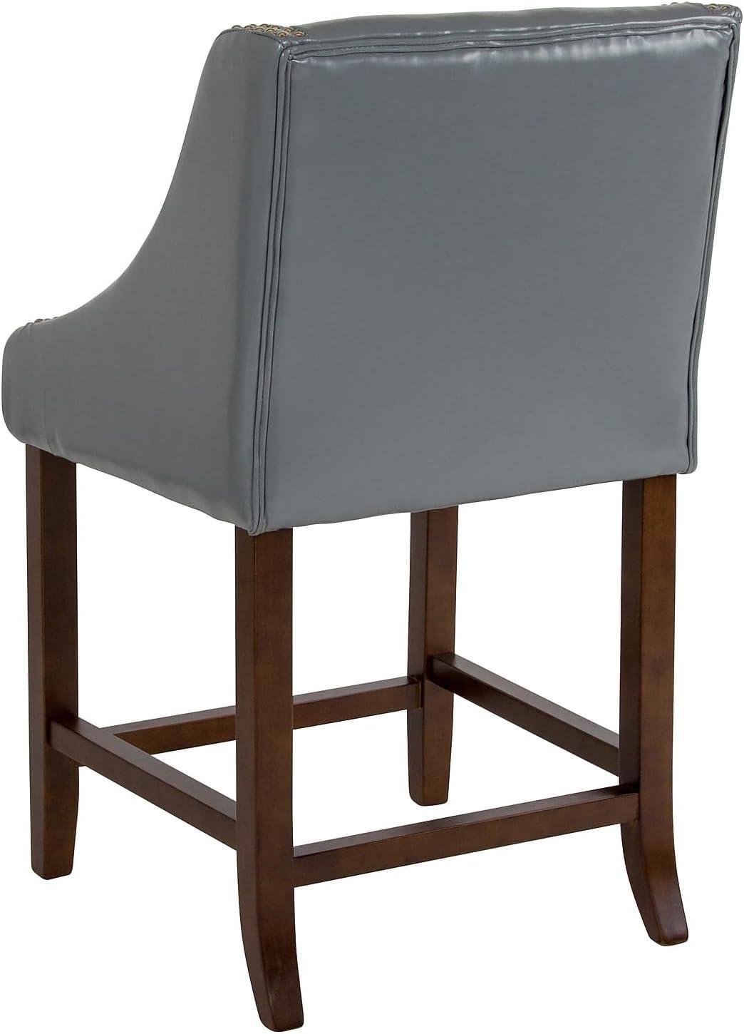 imageFlash Furniture Carmel Series 24quot High Transitional Walnut Counter Height Stool with Nail Trim in Dark Gray Fabric Set of 2Light Gray Leathersoft