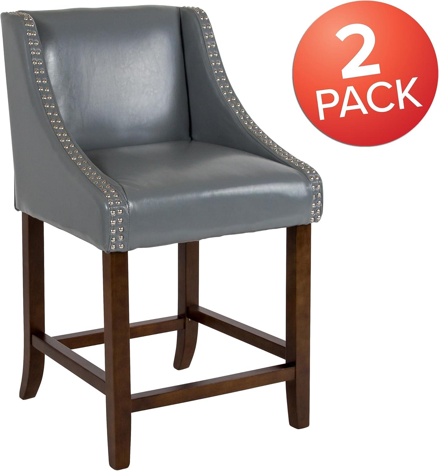 imageFlash Furniture Carmel Series 24quot High Transitional Walnut Counter Height Stool with Nail Trim in Dark Gray Fabric Set of 2Light Gray Leathersoft