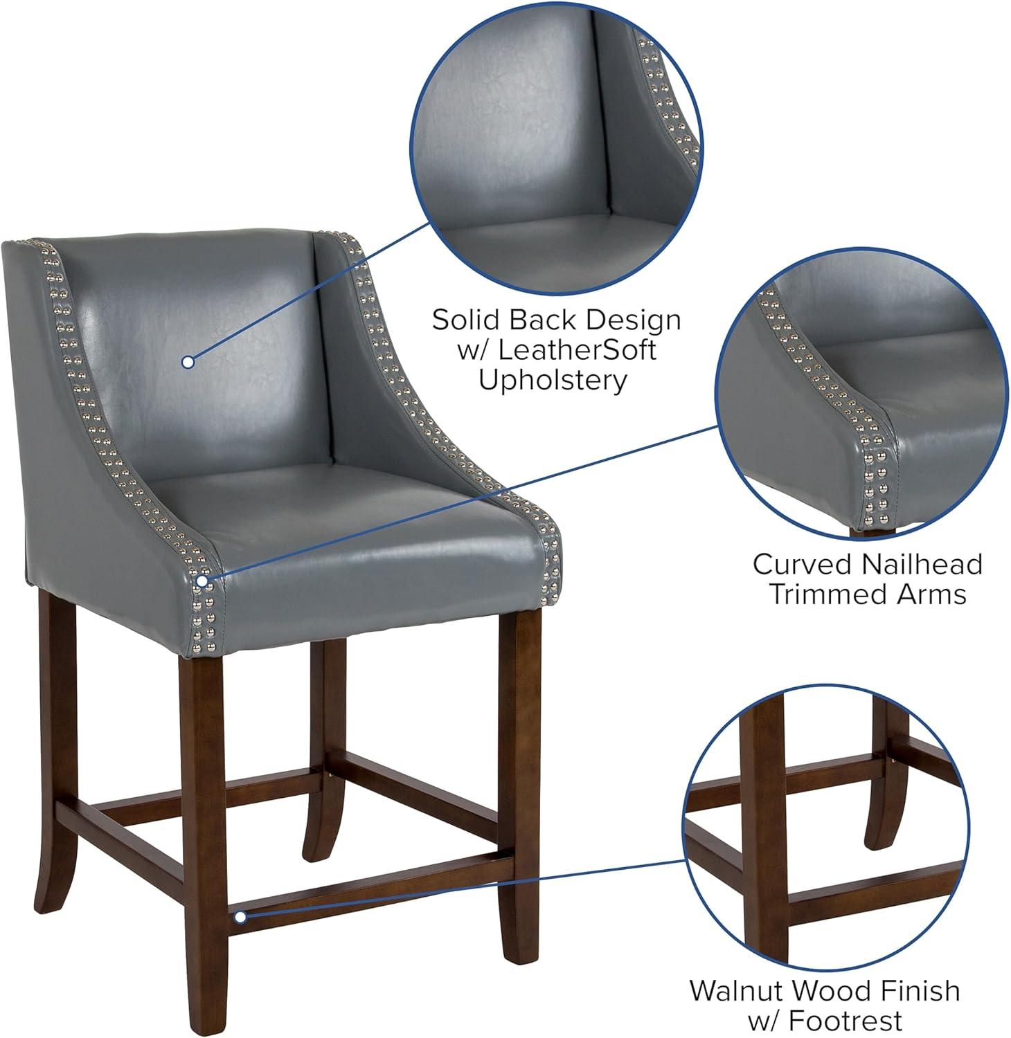 imageFlash Furniture Carmel Series 24quot High Transitional Walnut Counter Height Stool with Nail Trim in Dark Gray Fabric Set of 2Light Gray Leathersoft