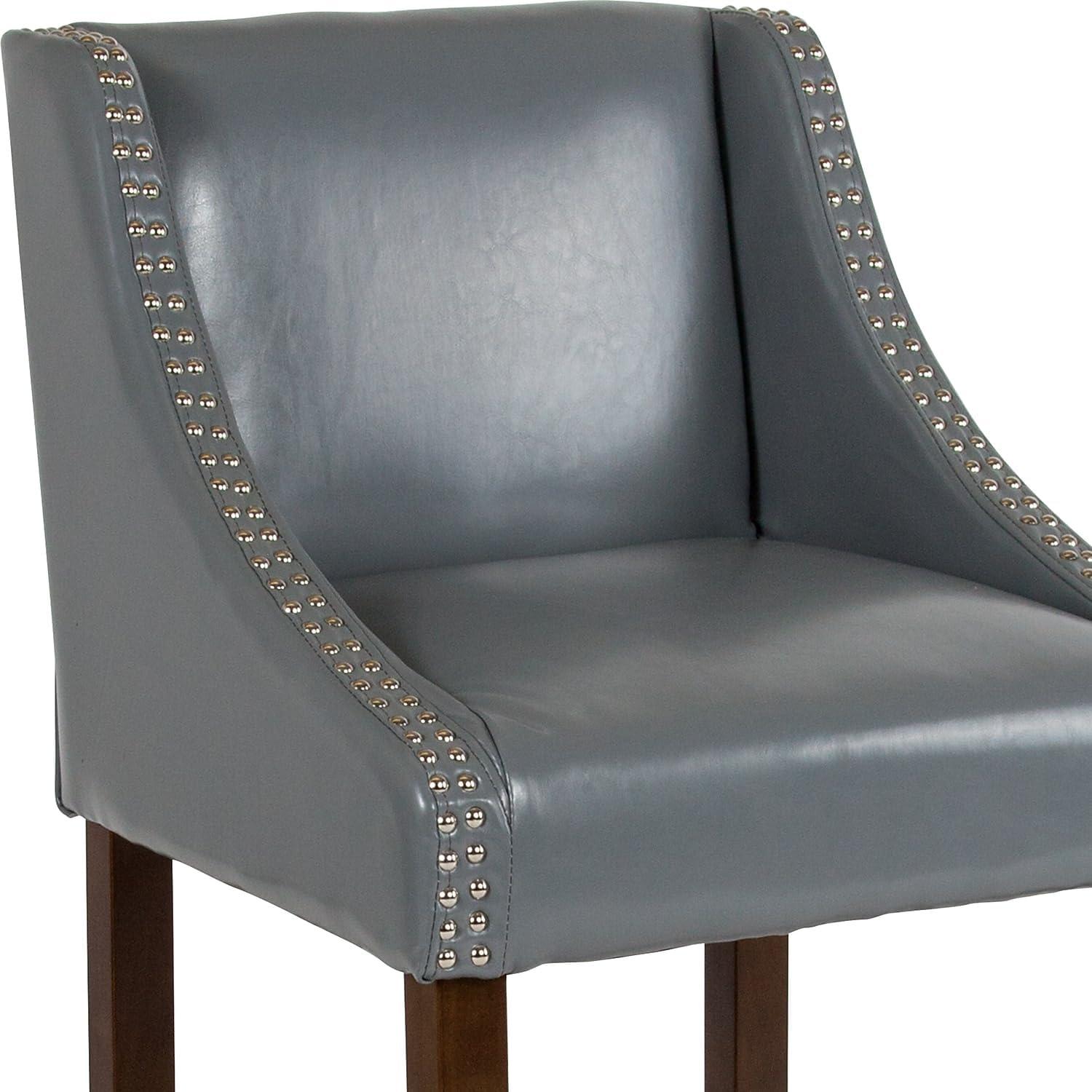 imageFlash Furniture Carmel Series 24quot High Transitional Walnut Counter Height Stool with Nail Trim in Dark Gray Fabric Set of 2Light Gray Leathersoft