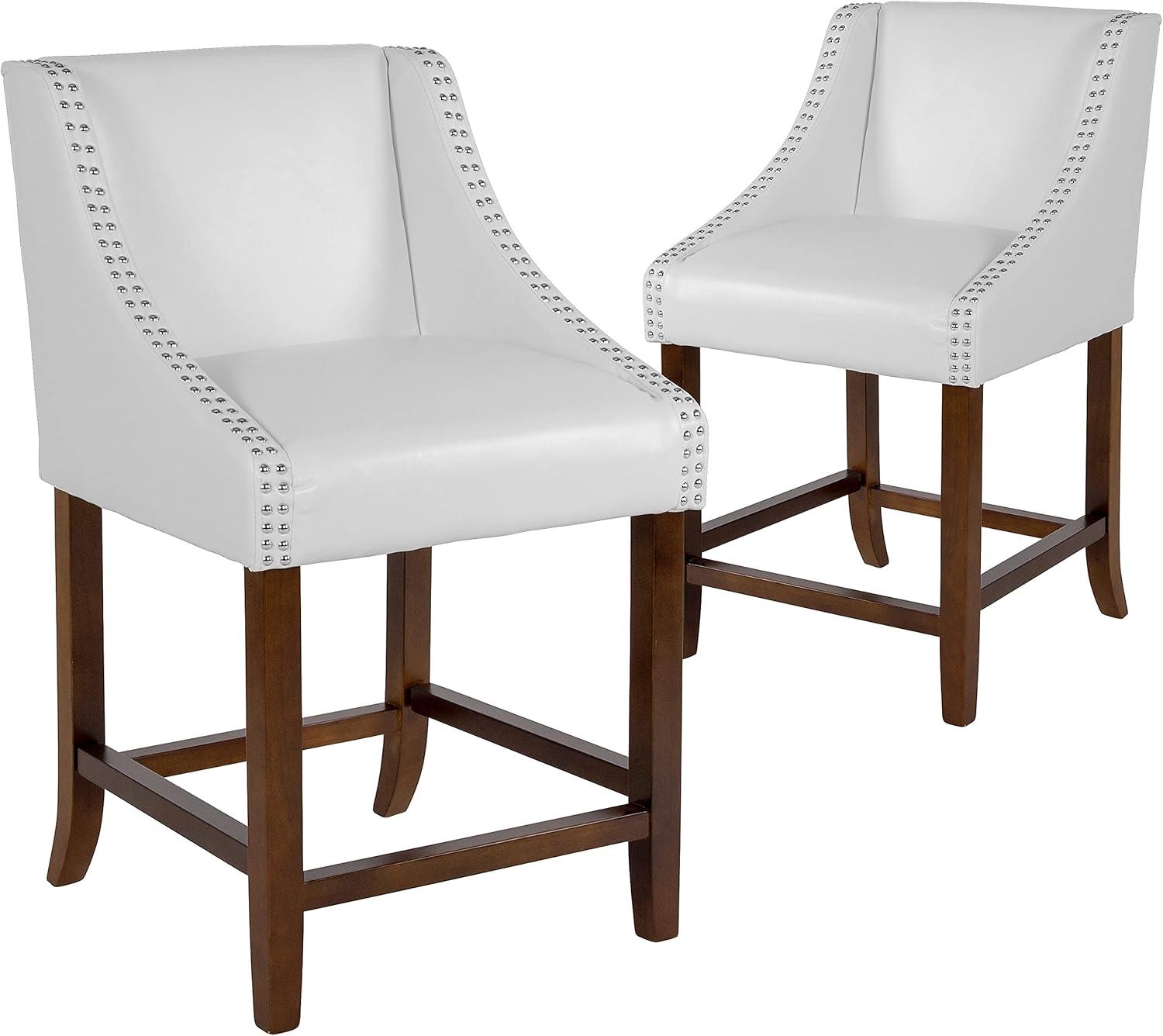 imageFlash Furniture Carmel Series 24quot High Transitional Walnut Counter Height Stool with Nail Trim in Dark Gray Fabric Set of 2White Leathersoft