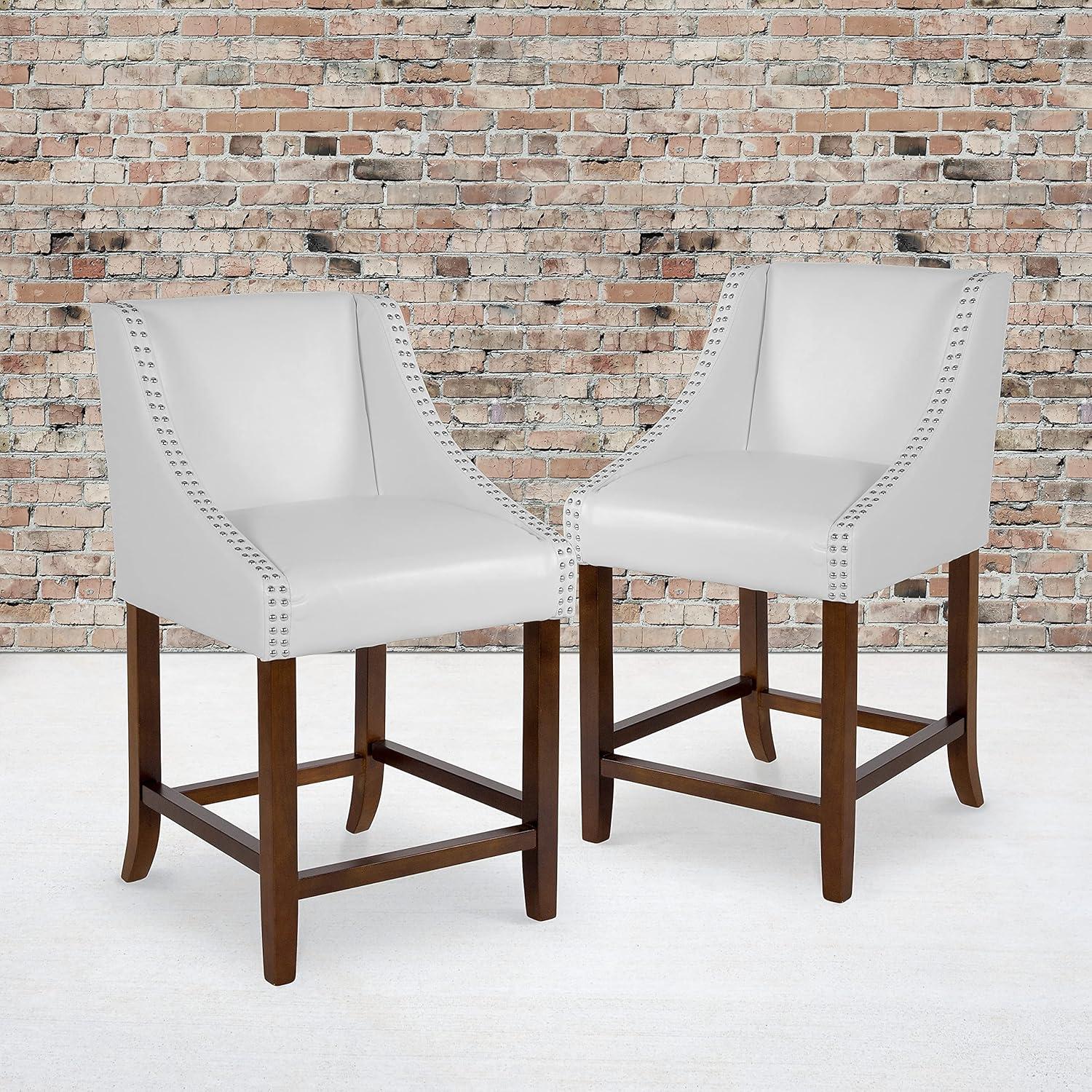 imageFlash Furniture Carmel Series 24quot High Transitional Walnut Counter Height Stool with Nail Trim in Dark Gray Fabric Set of 2White Leathersoft
