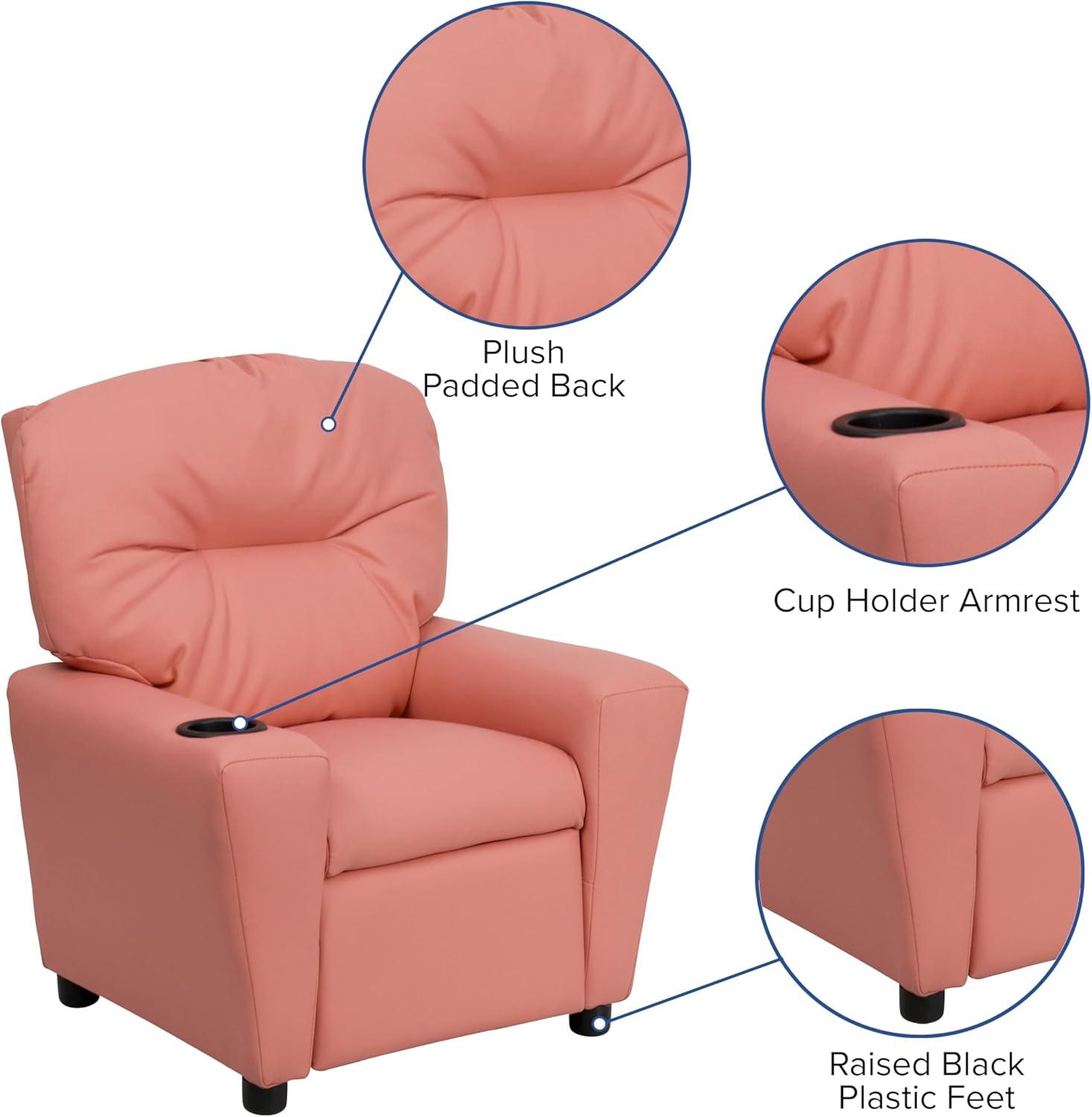 imageFlash Furniture Chandler LeatherSoft Kids Recliner with Cup Holder and Safety Recline Contemporary Reclining Chair for Kids Supports up to 90 lbs BlackPink Vinyl