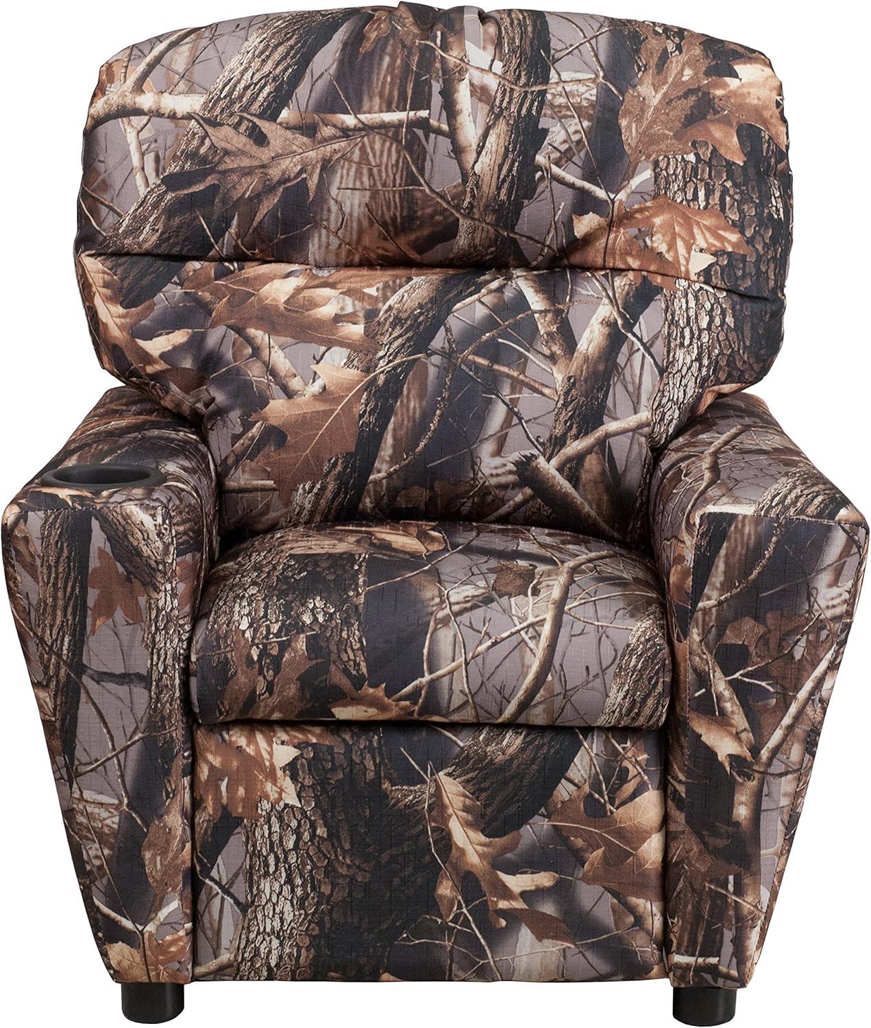 imageFlash Furniture Chandler LeatherSoft Kids Recliner with Cup Holder and Safety Recline Contemporary Reclining Chair for Kids Supports up to 90 lbs BlackCamouflage Fabric