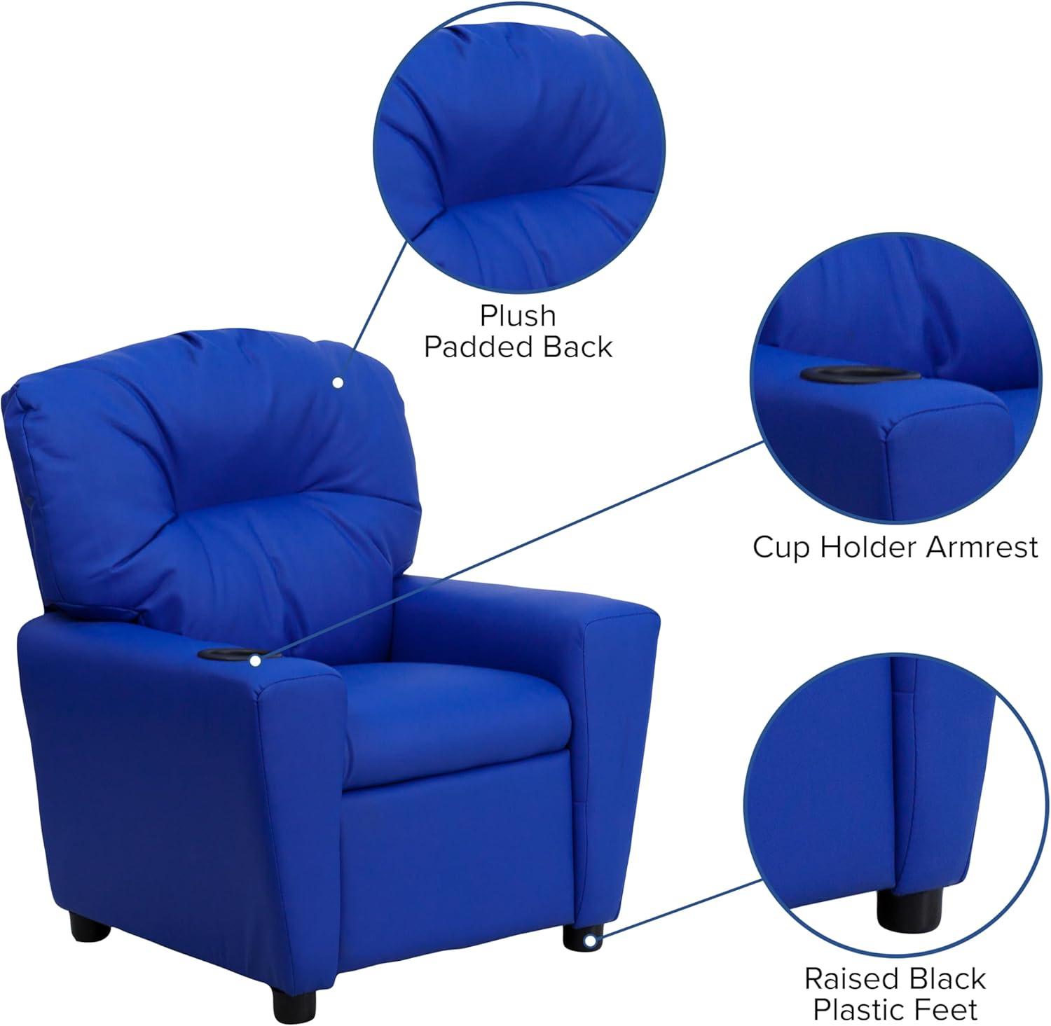 imageFlash Furniture Chandler LeatherSoft Kids Recliner with Cup Holder and Safety Recline Contemporary Reclining Chair for Kids Supports up to 90 lbs BlackBlue Vinyl