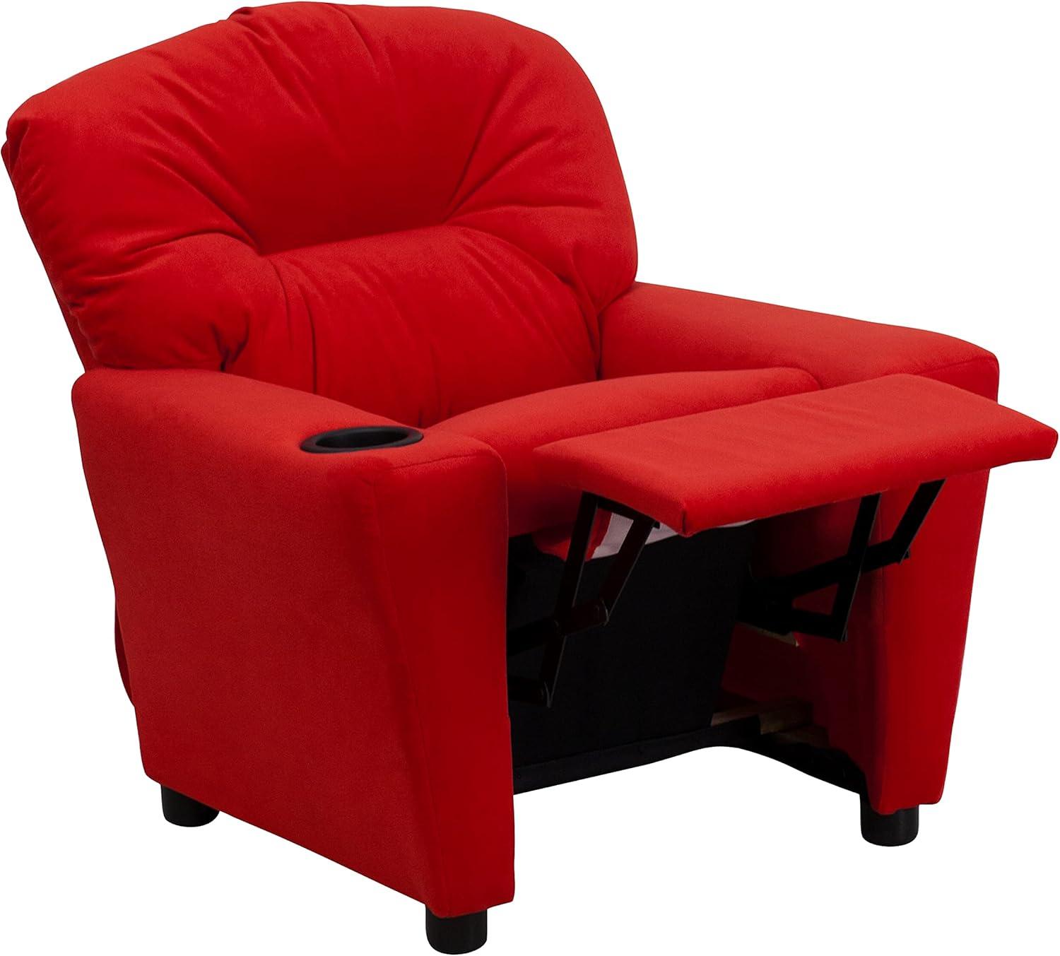 imageFlash Furniture Chandler LeatherSoft Kids Recliner with Cup Holder and Safety Recline Contemporary Reclining Chair for Kids Supports up to 90 lbs BlackRed Microfiber