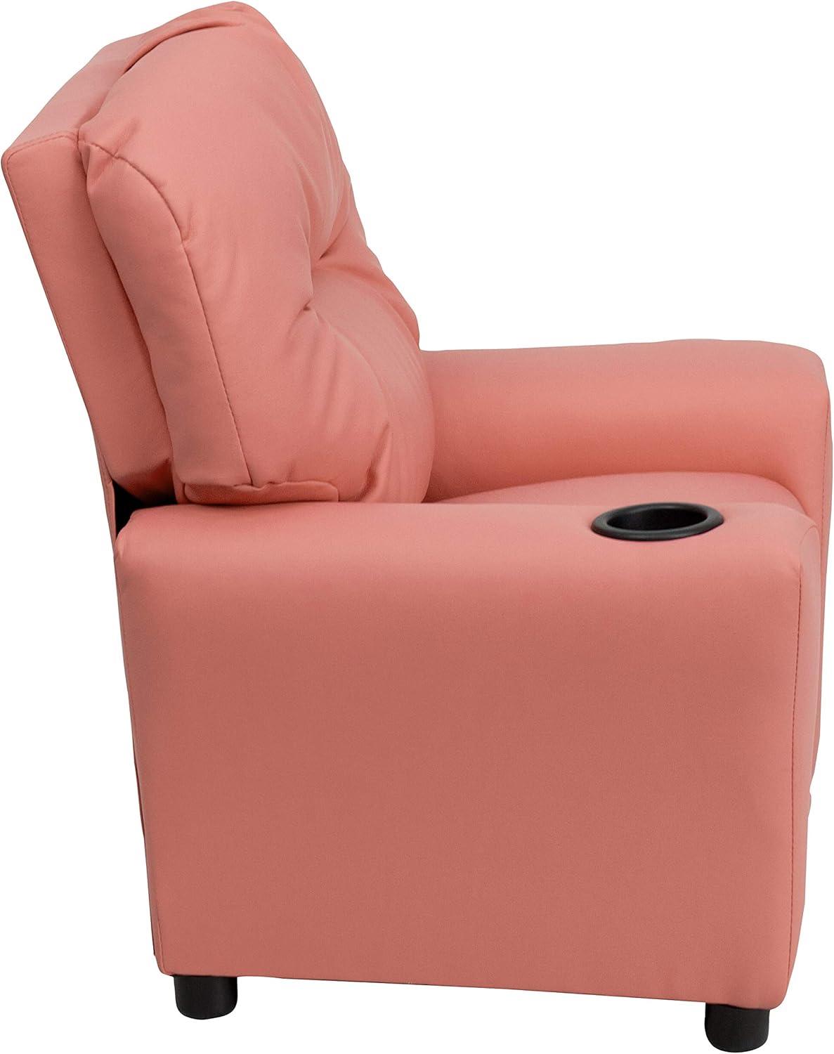 imageFlash Furniture Chandler LeatherSoft Kids Recliner with Cup Holder and Safety Recline Contemporary Reclining Chair for Kids Supports up to 90 lbs BlackPink Vinyl