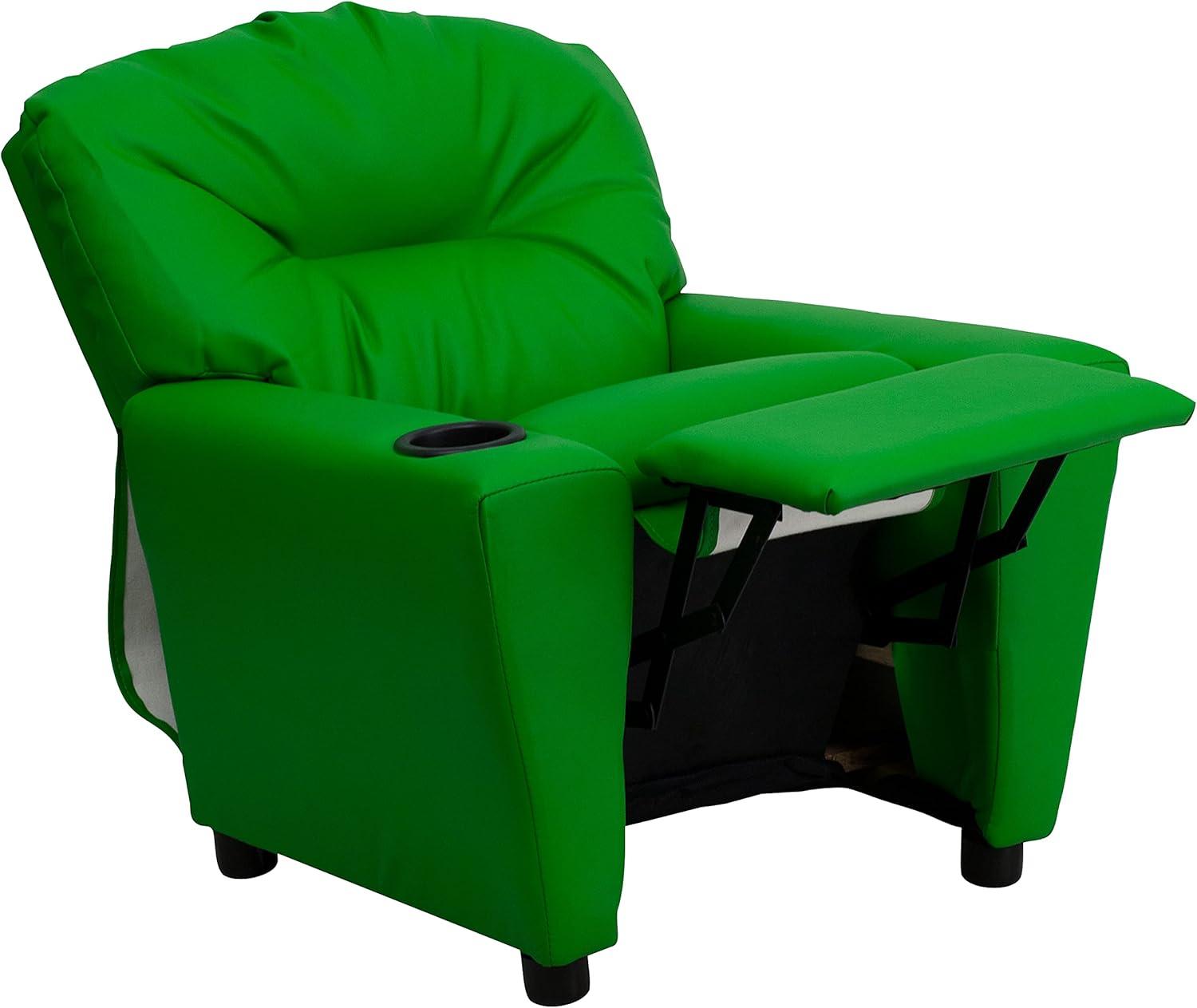 imageFlash Furniture Chandler LeatherSoft Kids Recliner with Cup Holder and Safety Recline Contemporary Reclining Chair for Kids Supports up to 90 lbs BlackGreen Vinyl