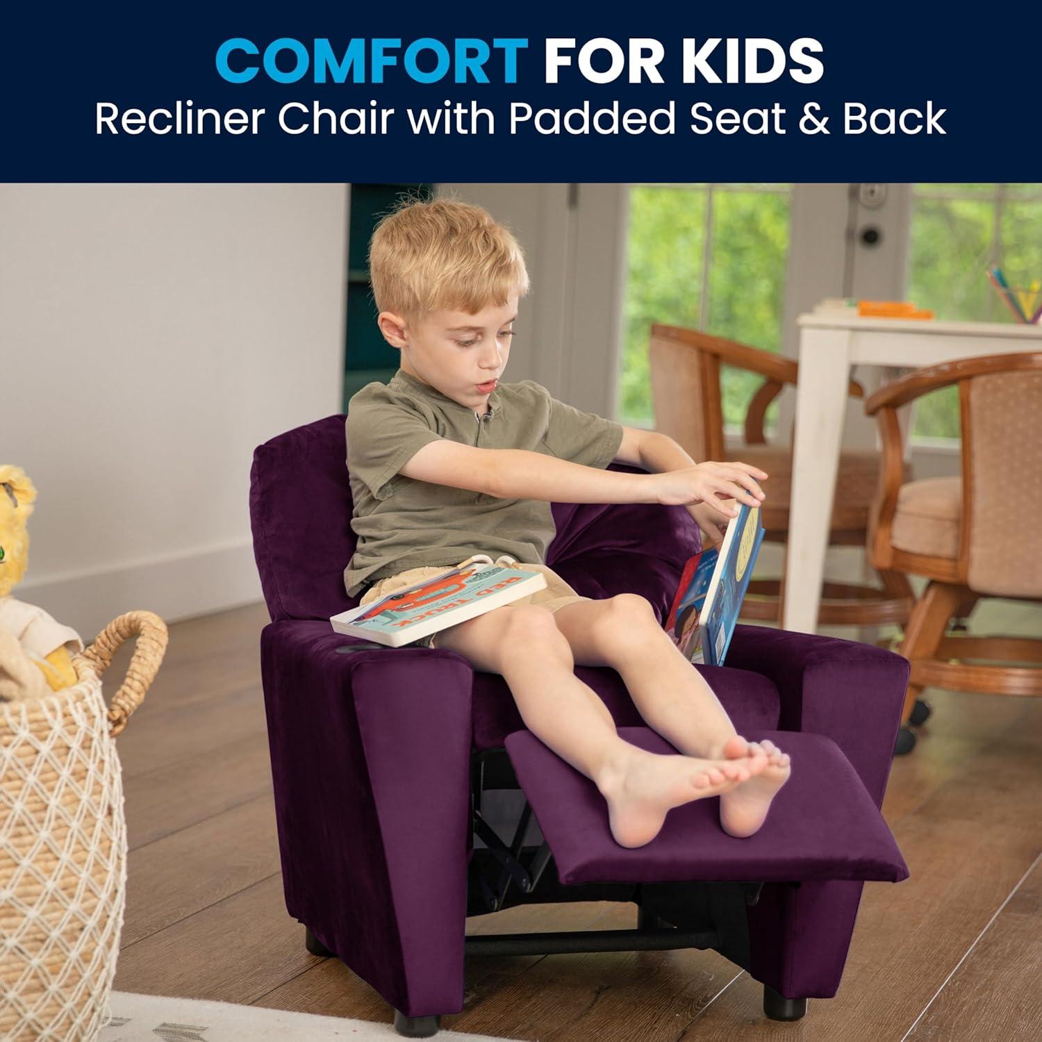imageFlash Furniture Chandler LeatherSoft Kids Recliner with Cup Holder and Safety Recline Contemporary Reclining Chair for Kids Supports up to 90 lbs BlackPurple Microfiber