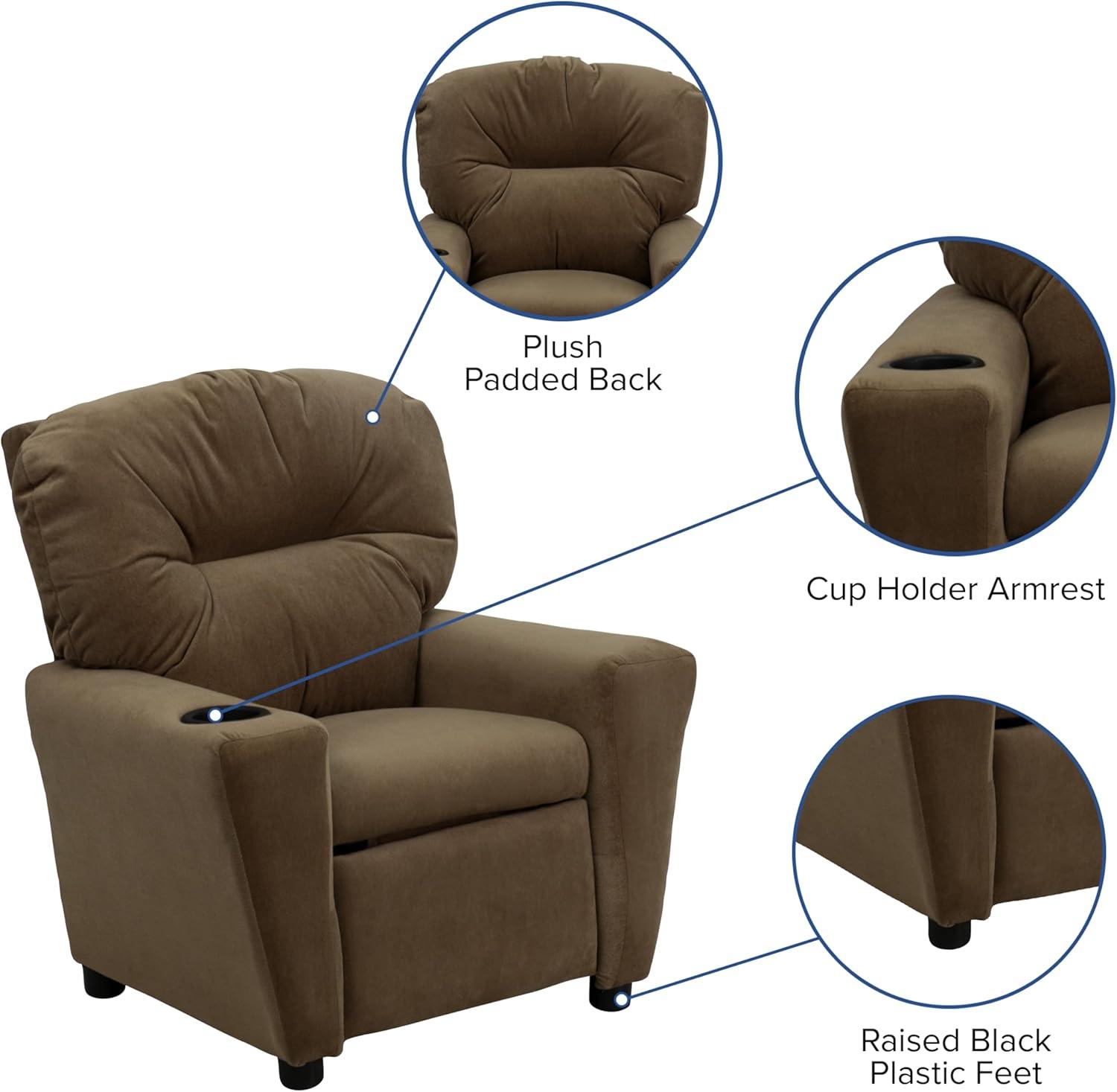 imageFlash Furniture Chandler LeatherSoft Kids Recliner with Cup Holder and Safety Recline Contemporary Reclining Chair for Kids Supports up to 90 lbs BlackBrown Microfiber