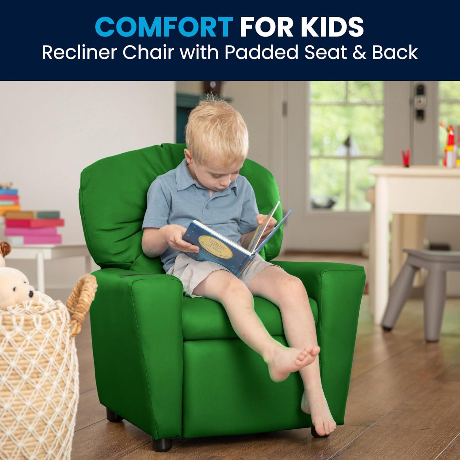 imageFlash Furniture Chandler LeatherSoft Kids Recliner with Cup Holder and Safety Recline Contemporary Reclining Chair for Kids Supports up to 90 lbs BlackGreen Vinyl
