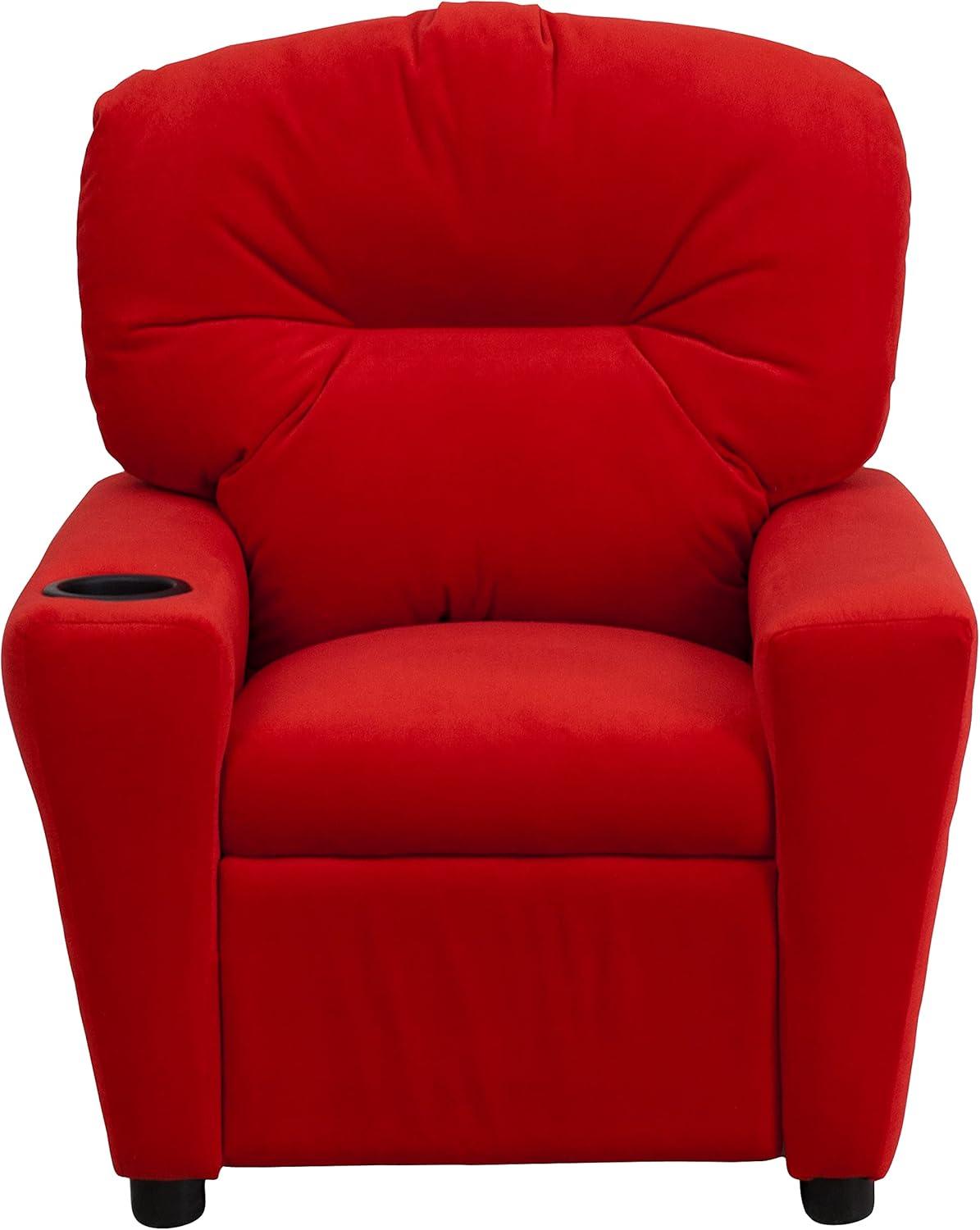 imageFlash Furniture Chandler LeatherSoft Kids Recliner with Cup Holder and Safety Recline Contemporary Reclining Chair for Kids Supports up to 90 lbs BlackRed Microfiber