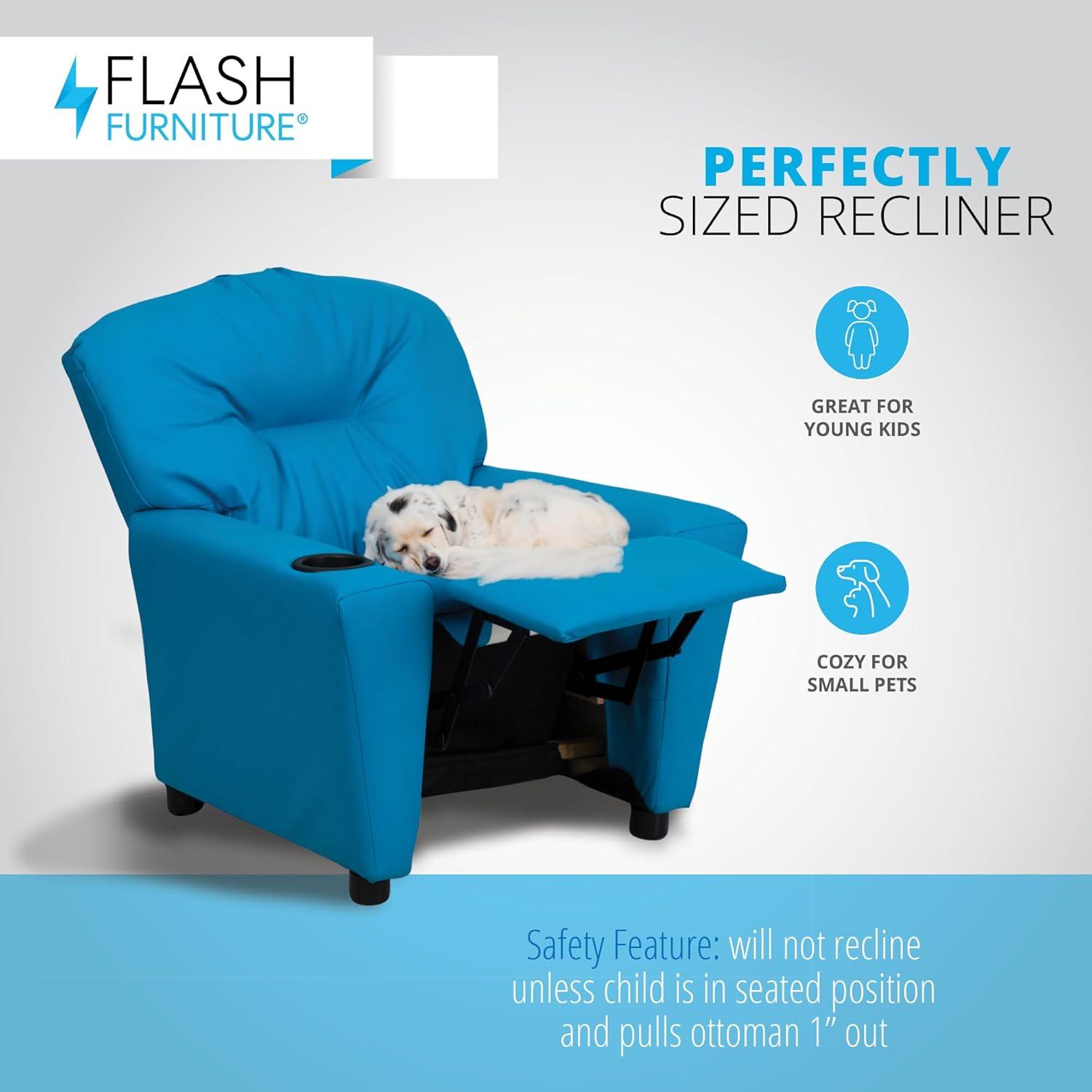 imageFlash Furniture Chandler LeatherSoft Kids Recliner with Cup Holder and Safety Recline Contemporary Reclining Chair for Kids Supports up to 90 lbs BlackTurquoise Vinyl