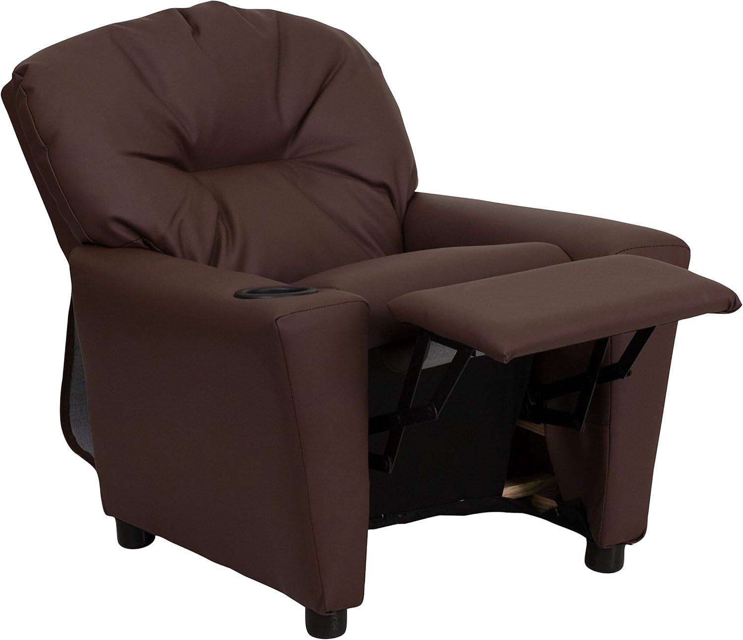 imageFlash Furniture Chandler LeatherSoft Kids Recliner with Cup Holder and Safety Recline Contemporary Reclining Chair for Kids Supports up to 90 lbs BlackBrown Leathersoft