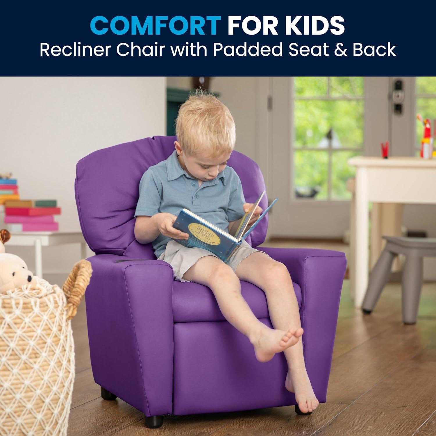 imageFlash Furniture Chandler LeatherSoft Kids Recliner with Cup Holder and Safety Recline Contemporary Reclining Chair for Kids Supports up to 90 lbs BlackLavender Vinyl
