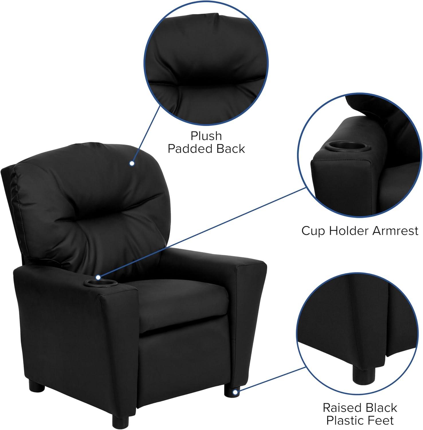 imageFlash Furniture Chandler LeatherSoft Kids Recliner with Cup Holder and Safety Recline Contemporary Reclining Chair for Kids Supports up to 90 lbs BlackBlack Leathersoft