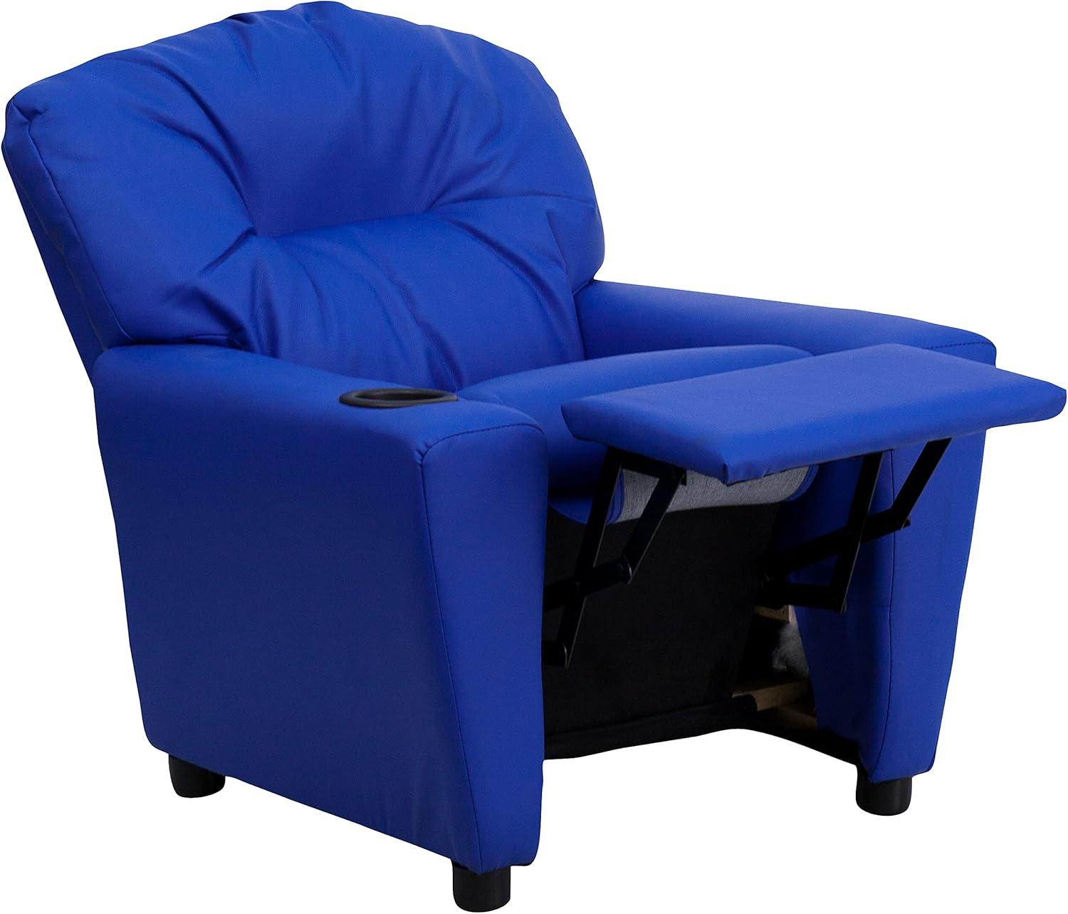 imageFlash Furniture Chandler LeatherSoft Kids Recliner with Cup Holder and Safety Recline Contemporary Reclining Chair for Kids Supports up to 90 lbs BlackBlue Vinyl