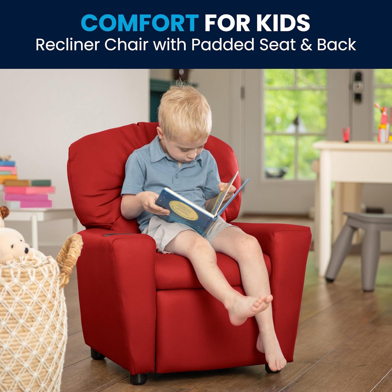 imageFlash Furniture Chandler LeatherSoft Kids Recliner with Cup Holder and Safety Recline Contemporary Reclining Chair for Kids Supports up to 90 lbs BlackRed Vinyl