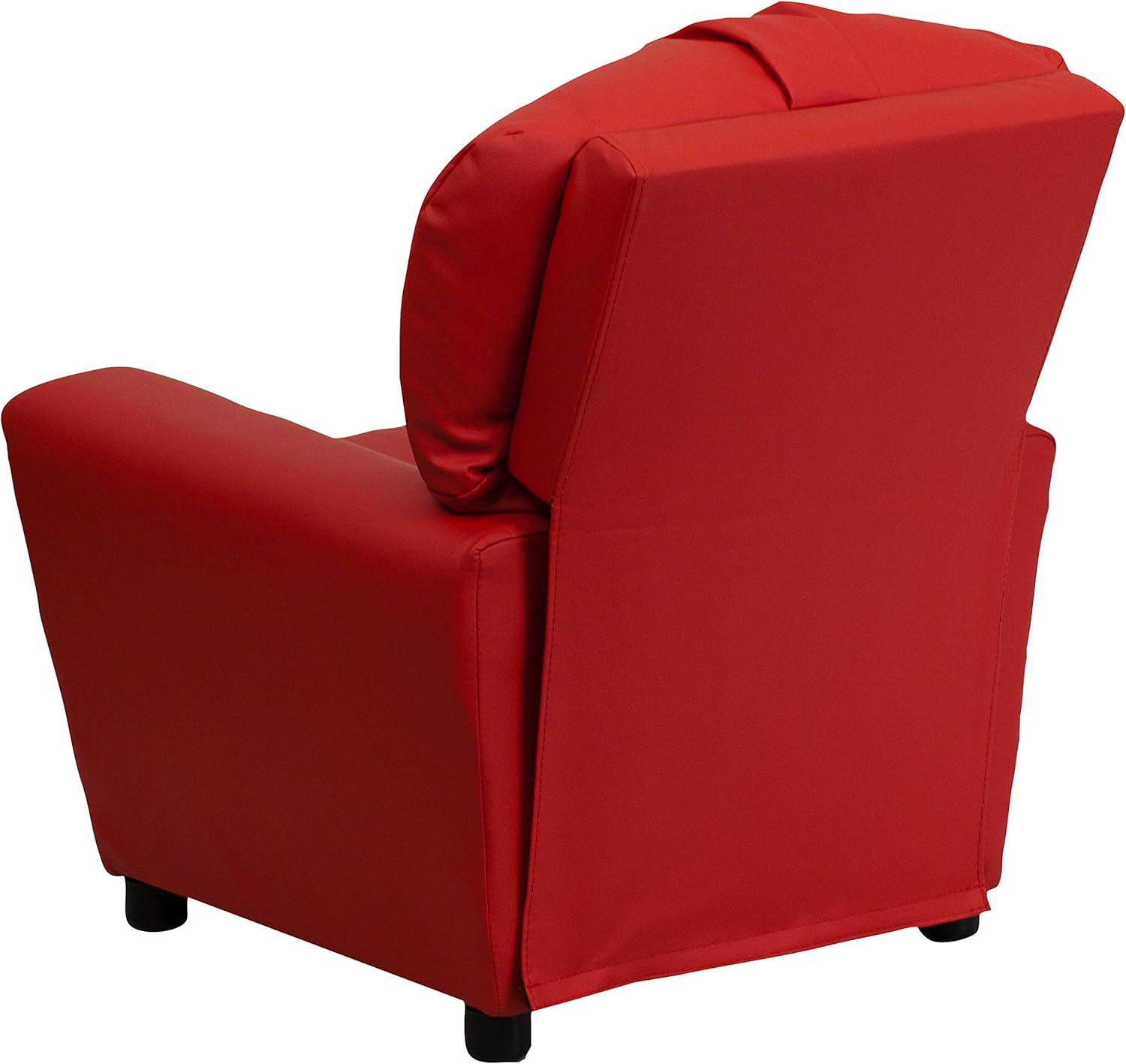 imageFlash Furniture Chandler LeatherSoft Kids Recliner with Cup Holder and Safety Recline Contemporary Reclining Chair for Kids Supports up to 90 lbs BlackRed Vinyl