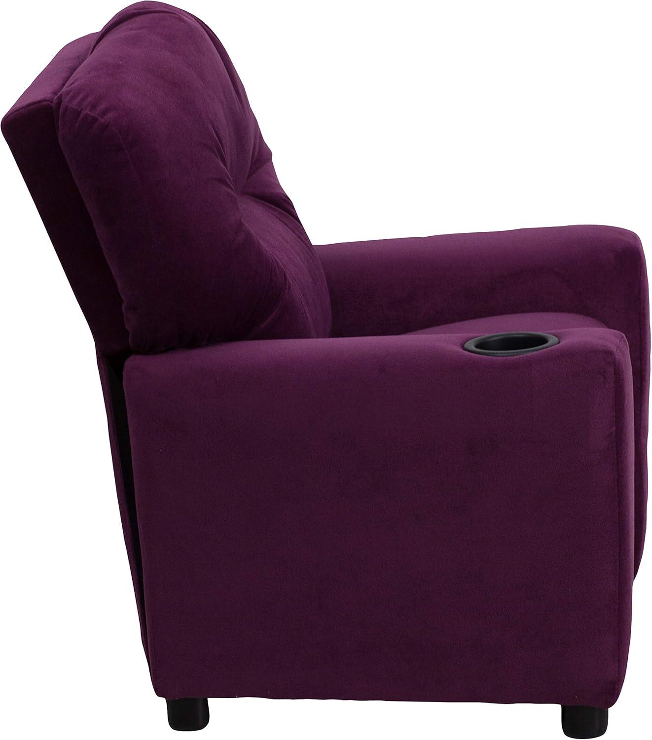 imageFlash Furniture Chandler LeatherSoft Kids Recliner with Cup Holder and Safety Recline Contemporary Reclining Chair for Kids Supports up to 90 lbs BlackPurple Microfiber