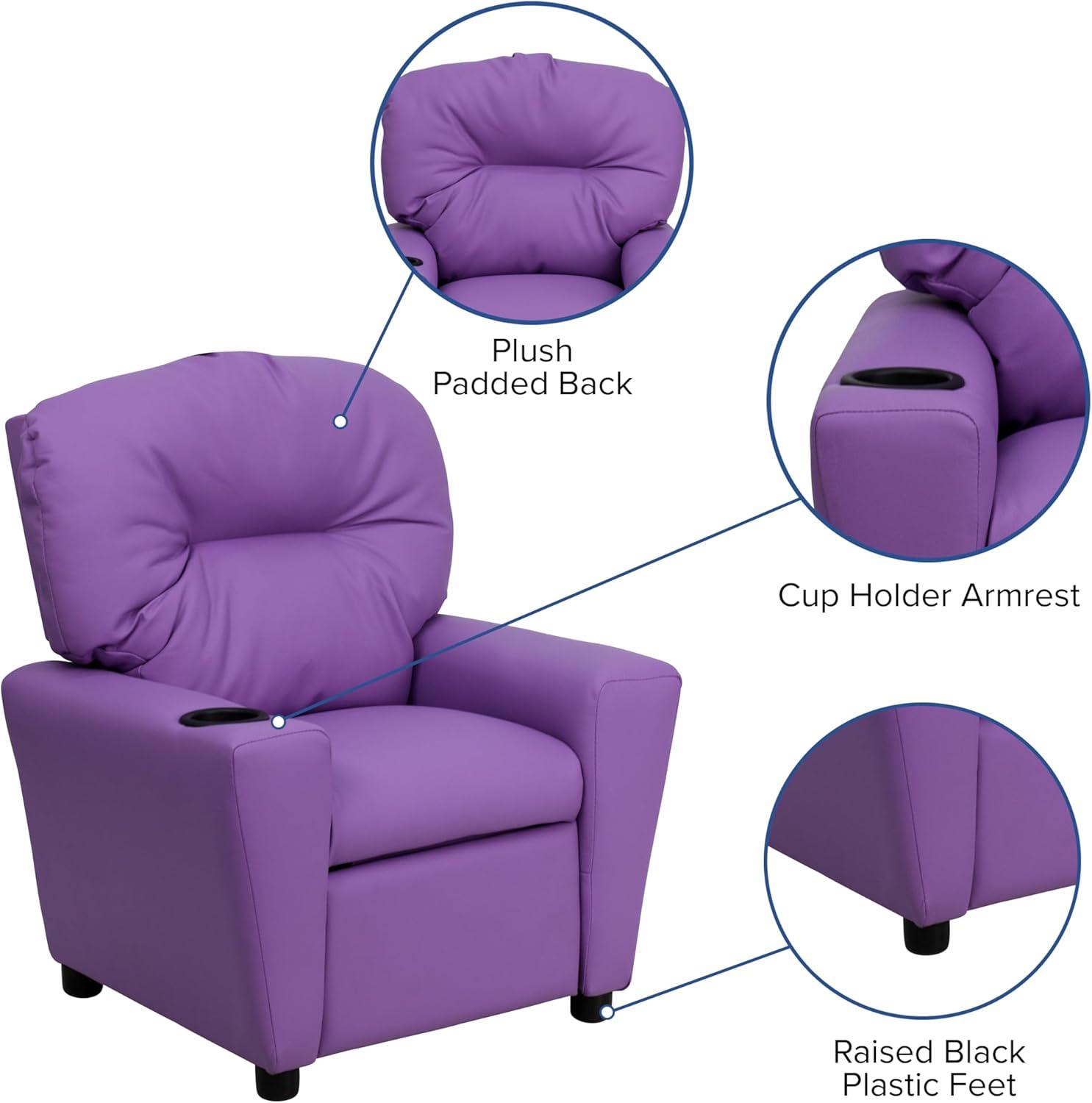 imageFlash Furniture Chandler LeatherSoft Kids Recliner with Cup Holder and Safety Recline Contemporary Reclining Chair for Kids Supports up to 90 lbs BlackLavender Vinyl