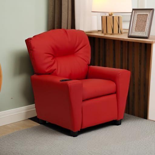 imageFlash Furniture Chandler LeatherSoft Kids Recliner with Cup Holder and Safety Recline Contemporary Reclining Chair for Kids Supports up to 90 lbs BlackRed Vinyl