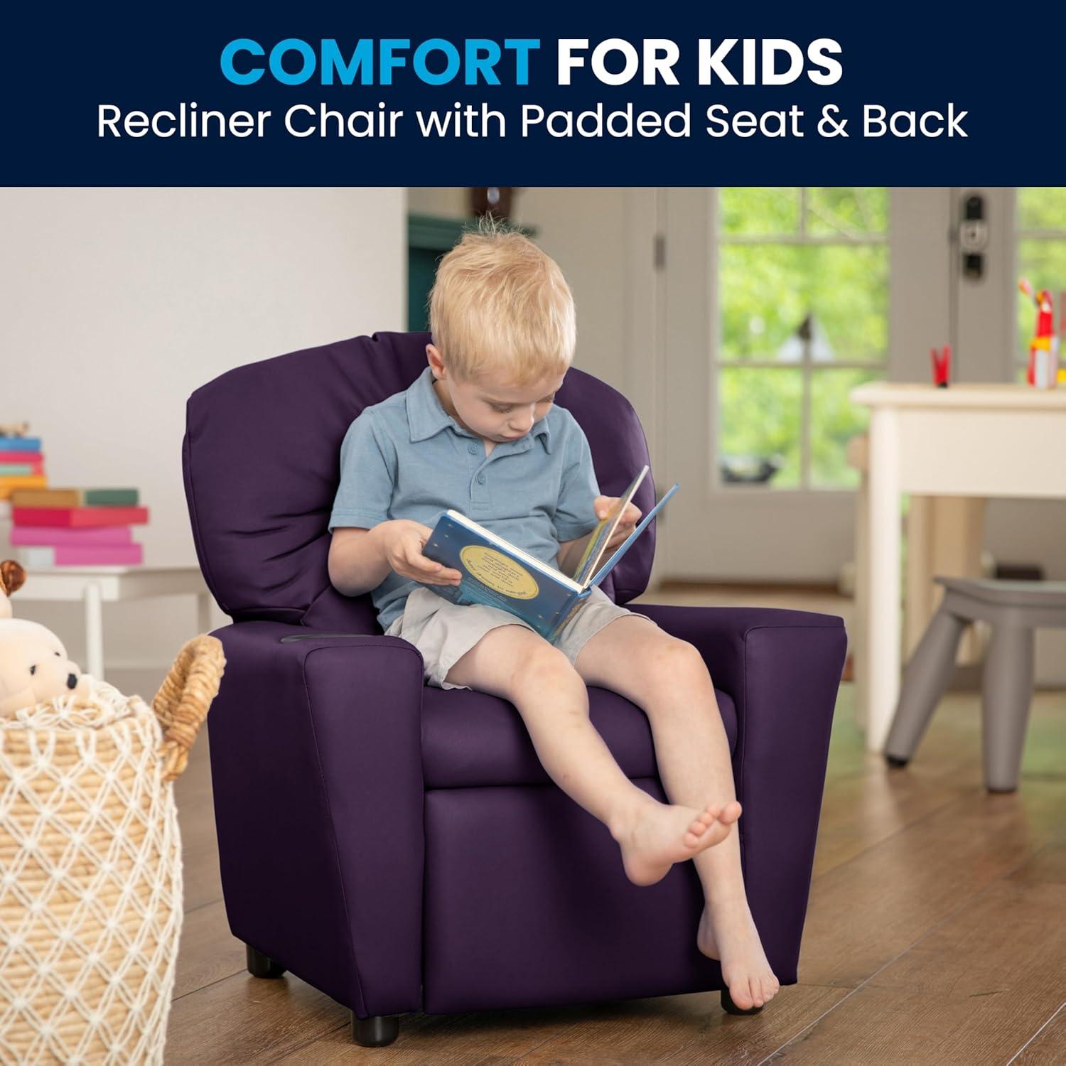 imageFlash Furniture Chandler LeatherSoft Kids Recliner with Cup Holder and Safety Recline Contemporary Reclining Chair for Kids Supports up to 90 lbs BlackPurple Vinyl
