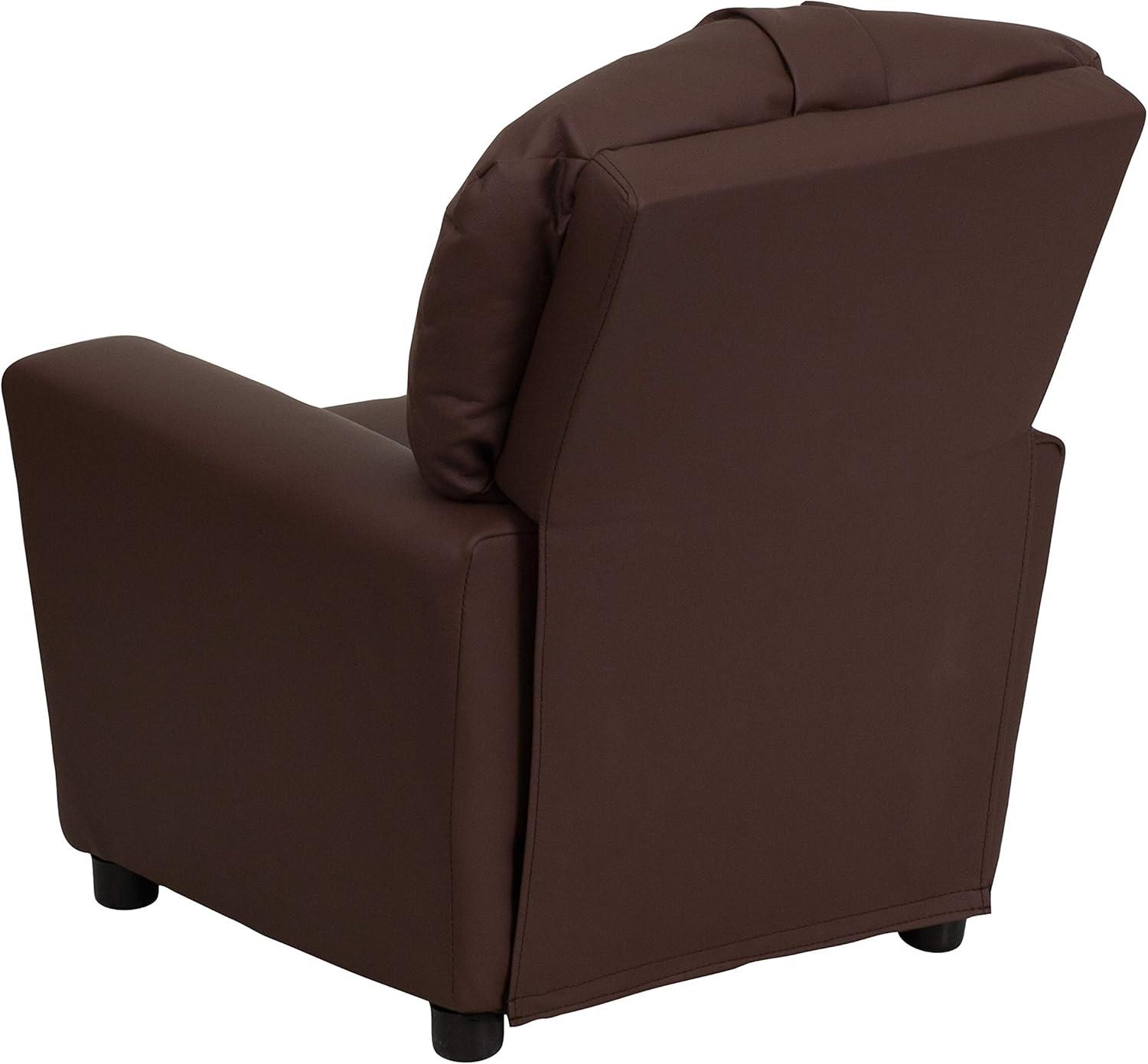 imageFlash Furniture Chandler LeatherSoft Kids Recliner with Cup Holder and Safety Recline Contemporary Reclining Chair for Kids Supports up to 90 lbs BlackBrown Leathersoft