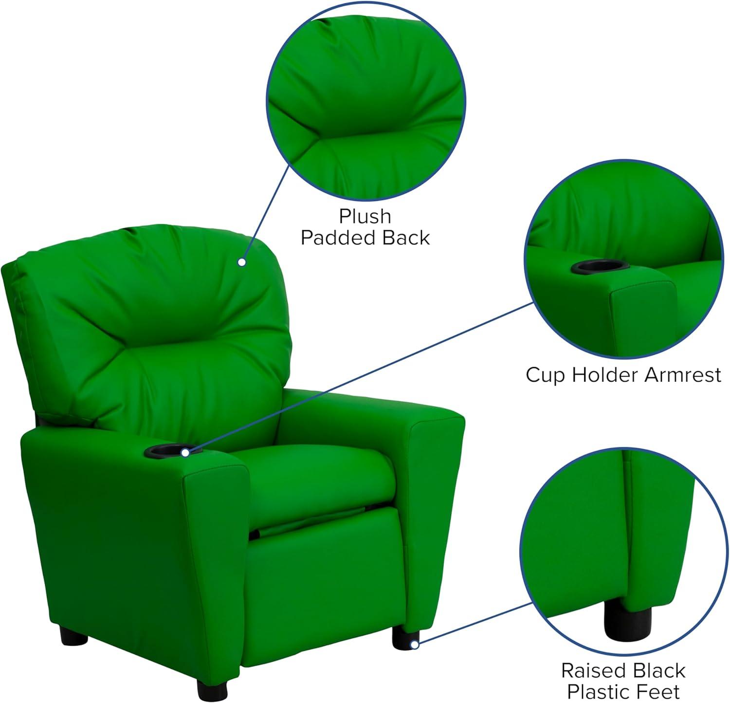 imageFlash Furniture Chandler LeatherSoft Kids Recliner with Cup Holder and Safety Recline Contemporary Reclining Chair for Kids Supports up to 90 lbs BlackGreen Vinyl