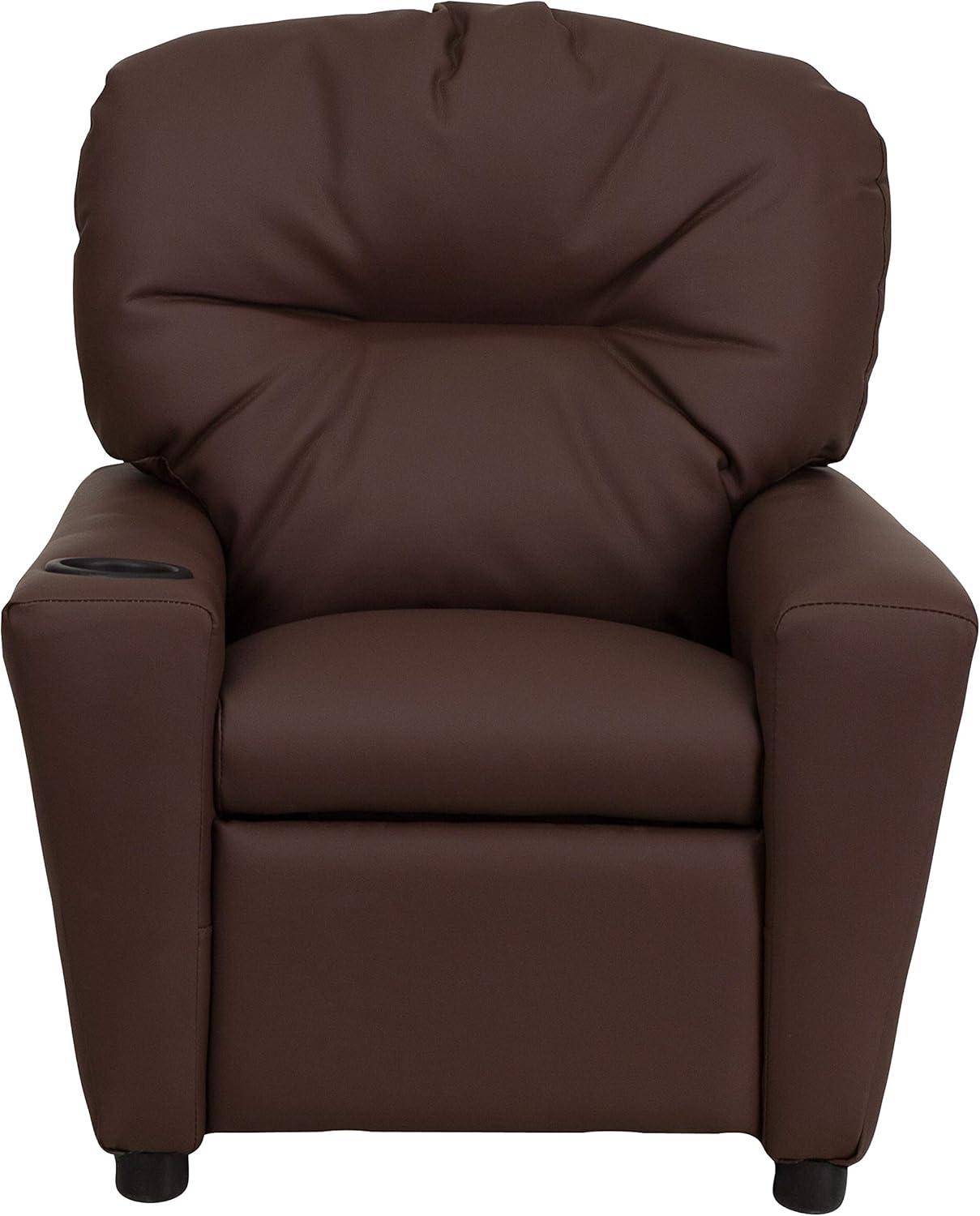 imageFlash Furniture Chandler LeatherSoft Kids Recliner with Cup Holder and Safety Recline Contemporary Reclining Chair for Kids Supports up to 90 lbs BlackBrown Leathersoft