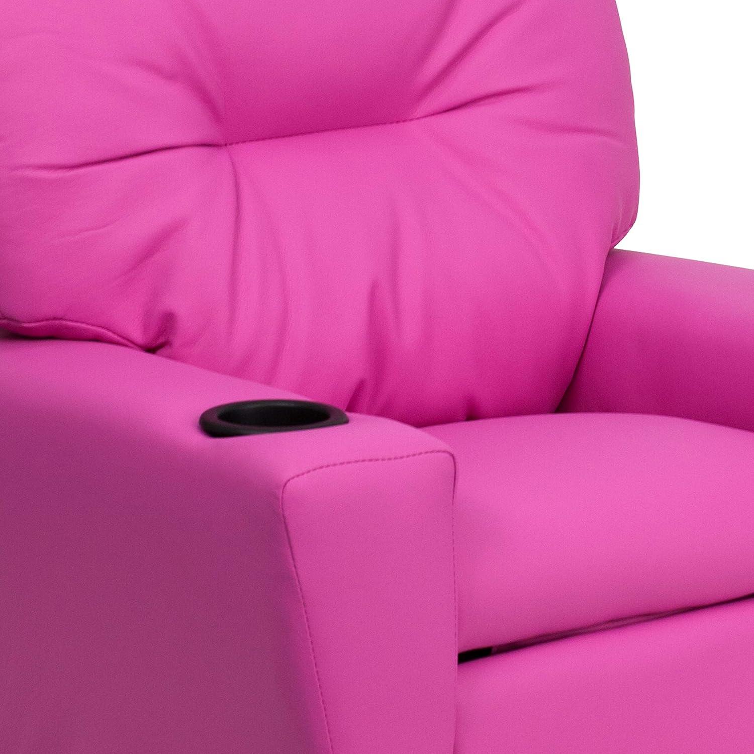 imageFlash Furniture Chandler LeatherSoft Kids Recliner with Cup Holder and Safety Recline Contemporary Reclining Chair for Kids Supports up to 90 lbs BlackHot Pink Vinyl