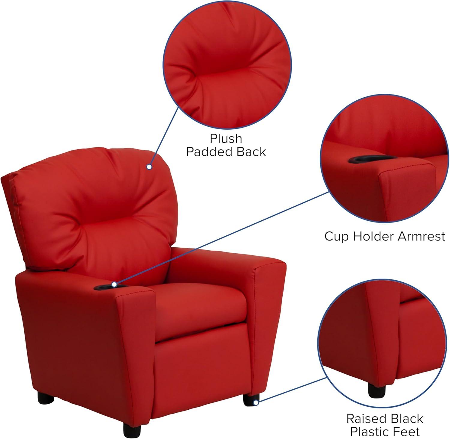 imageFlash Furniture Chandler LeatherSoft Kids Recliner with Cup Holder and Safety Recline Contemporary Reclining Chair for Kids Supports up to 90 lbs BlackRed Vinyl