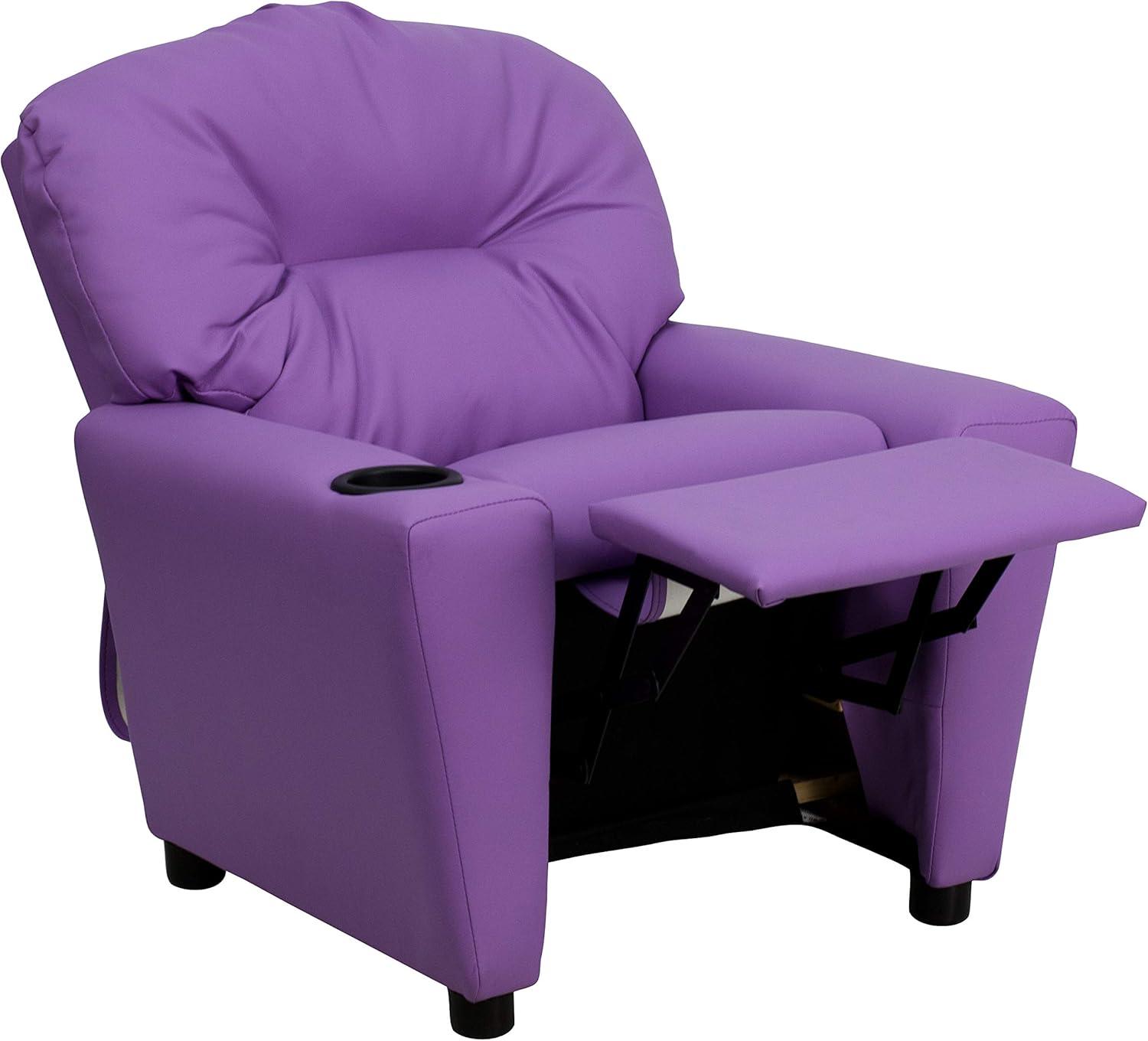 imageFlash Furniture Chandler LeatherSoft Kids Recliner with Cup Holder and Safety Recline Contemporary Reclining Chair for Kids Supports up to 90 lbs BlackLavender Vinyl