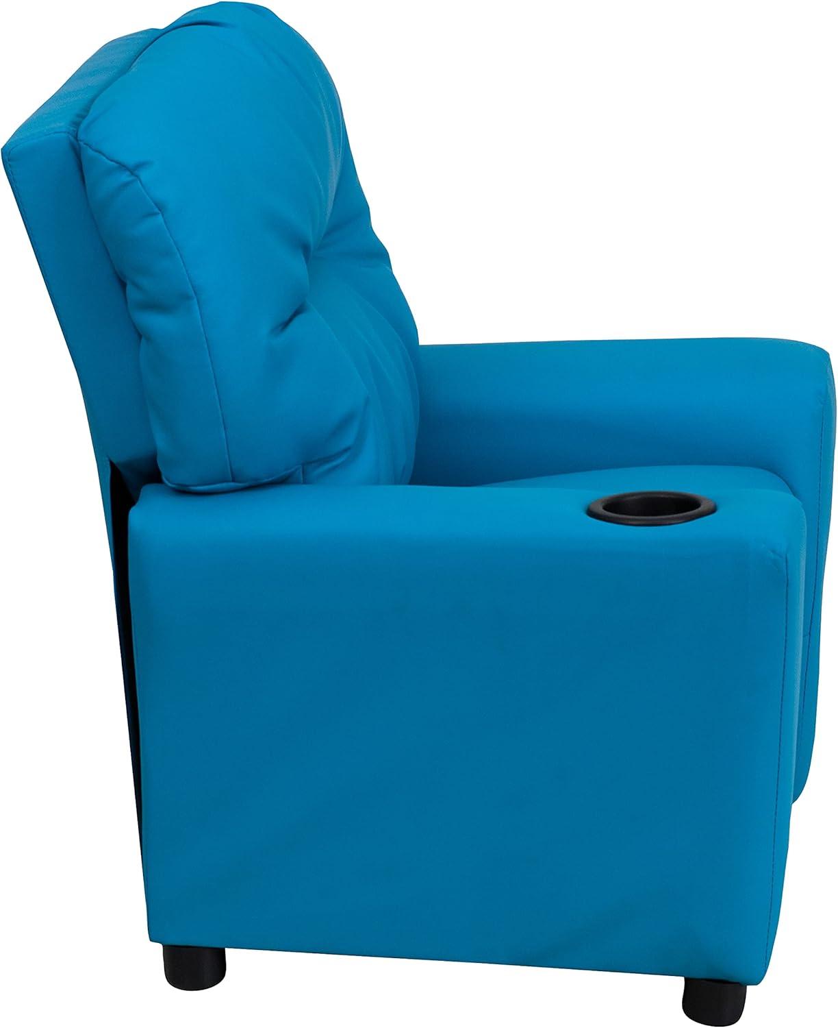 imageFlash Furniture Chandler LeatherSoft Kids Recliner with Cup Holder and Safety Recline Contemporary Reclining Chair for Kids Supports up to 90 lbs BlackTurquoise Vinyl