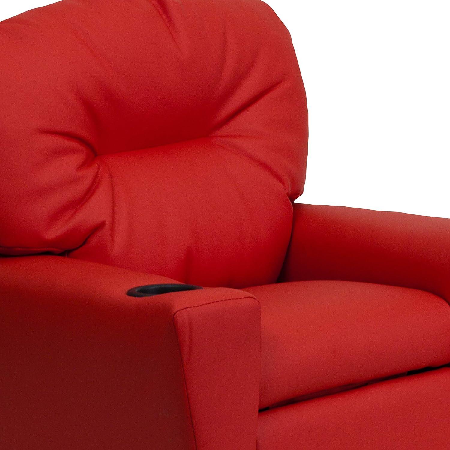 imageFlash Furniture Chandler LeatherSoft Kids Recliner with Cup Holder and Safety Recline Contemporary Reclining Chair for Kids Supports up to 90 lbs BlackRed Vinyl