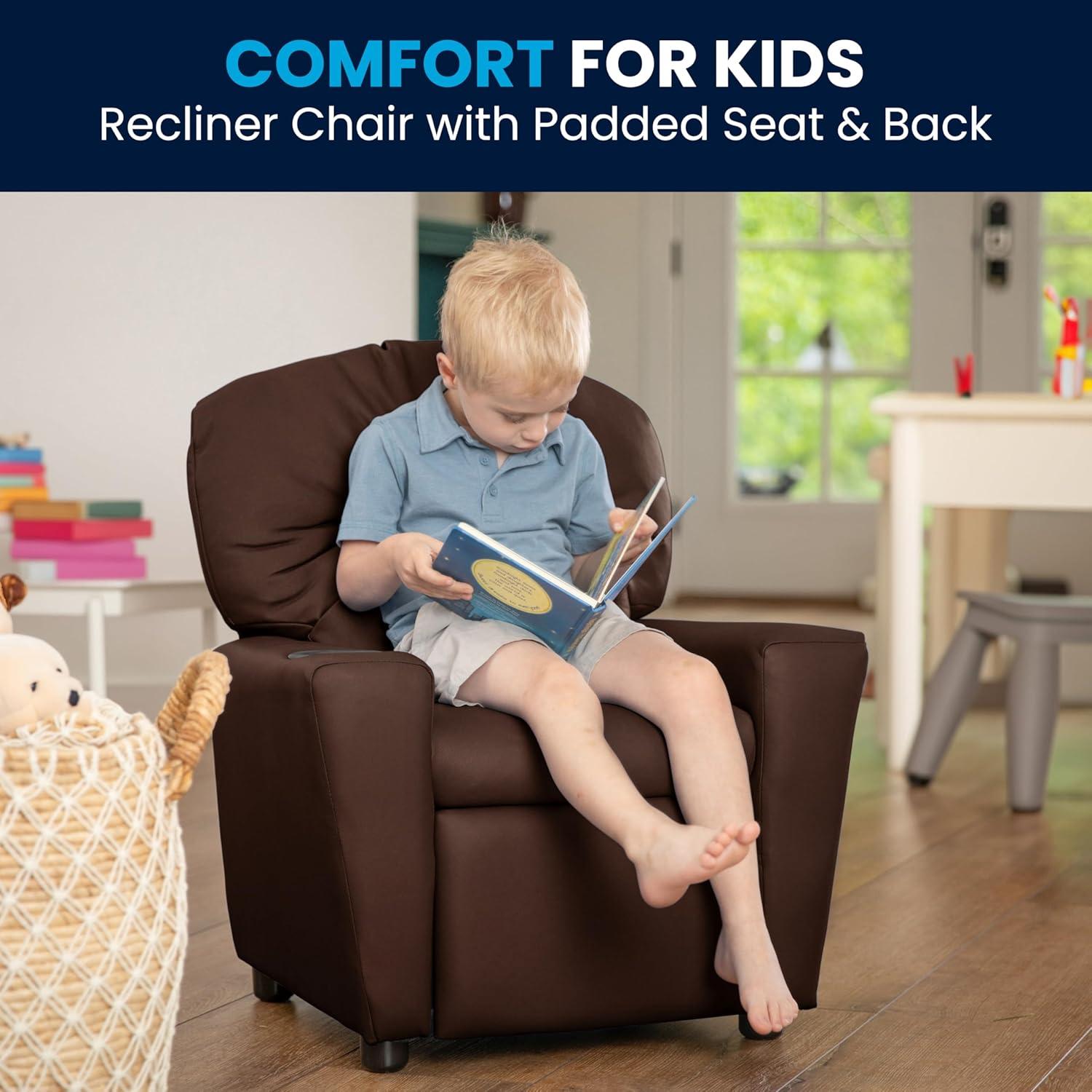 imageFlash Furniture Chandler LeatherSoft Kids Recliner with Cup Holder and Safety Recline Contemporary Reclining Chair for Kids Supports up to 90 lbs BlackBrown Leathersoft