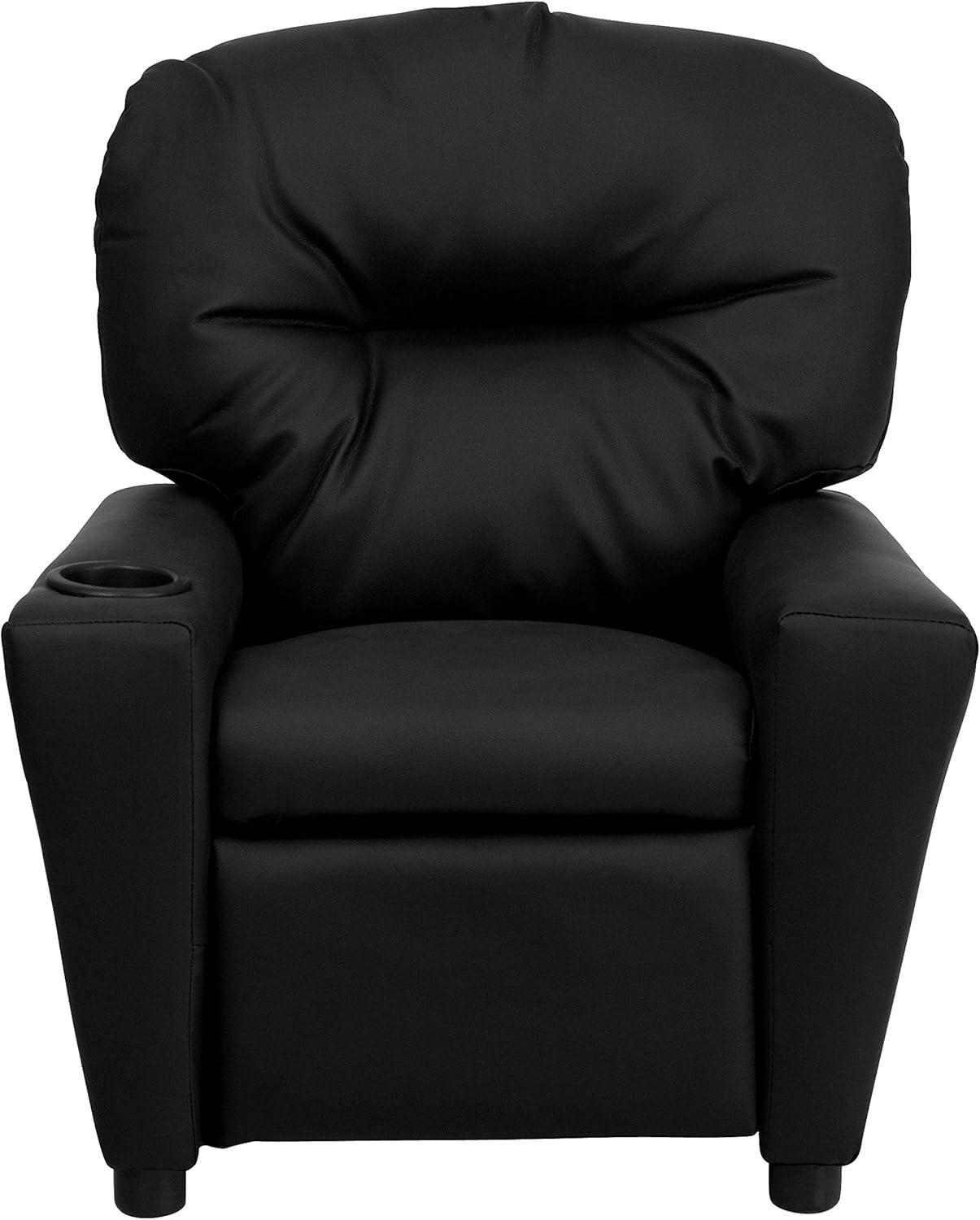 imageFlash Furniture Chandler LeatherSoft Kids Recliner with Cup Holder and Safety Recline Contemporary Reclining Chair for Kids Supports up to 90 lbs BlackBlack Leathersoft