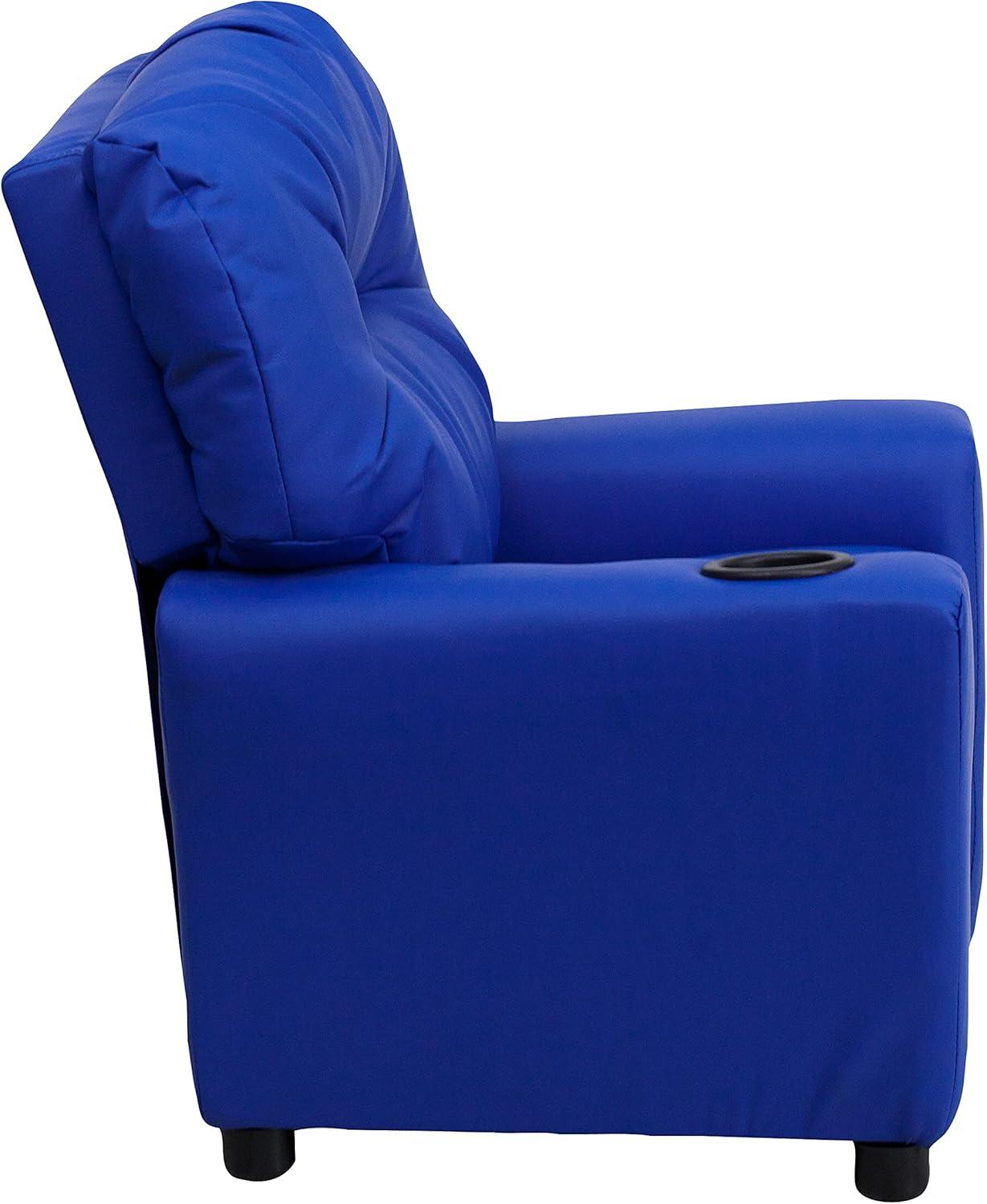 imageFlash Furniture Chandler LeatherSoft Kids Recliner with Cup Holder and Safety Recline Contemporary Reclining Chair for Kids Supports up to 90 lbs BlackBlue Vinyl
