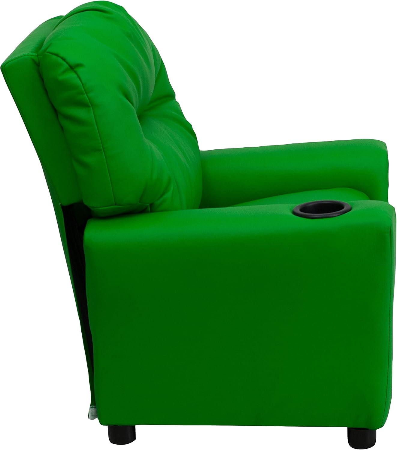 imageFlash Furniture Chandler LeatherSoft Kids Recliner with Cup Holder and Safety Recline Contemporary Reclining Chair for Kids Supports up to 90 lbs BlackGreen Vinyl