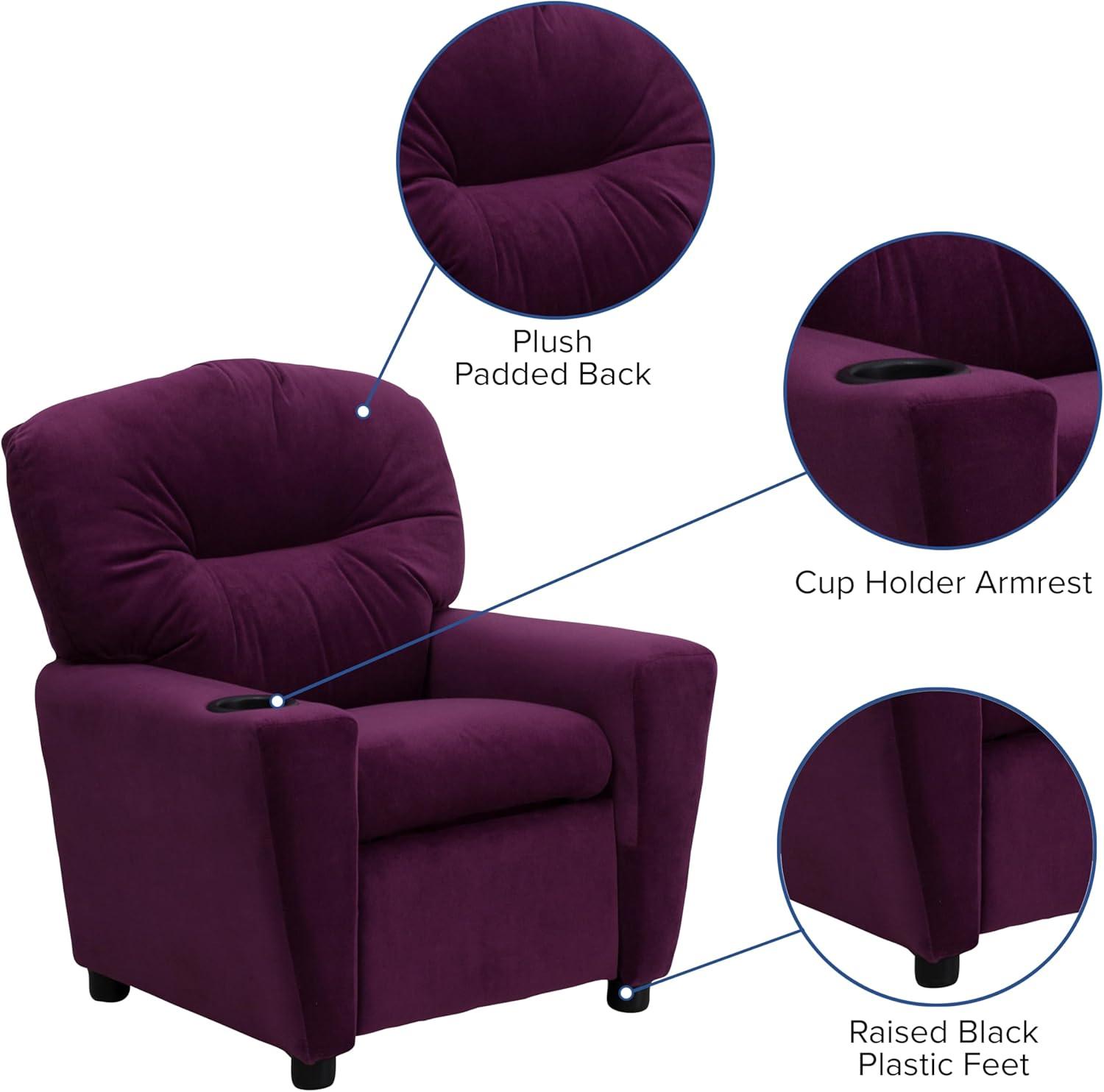 imageFlash Furniture Chandler LeatherSoft Kids Recliner with Cup Holder and Safety Recline Contemporary Reclining Chair for Kids Supports up to 90 lbs BlackPurple Microfiber