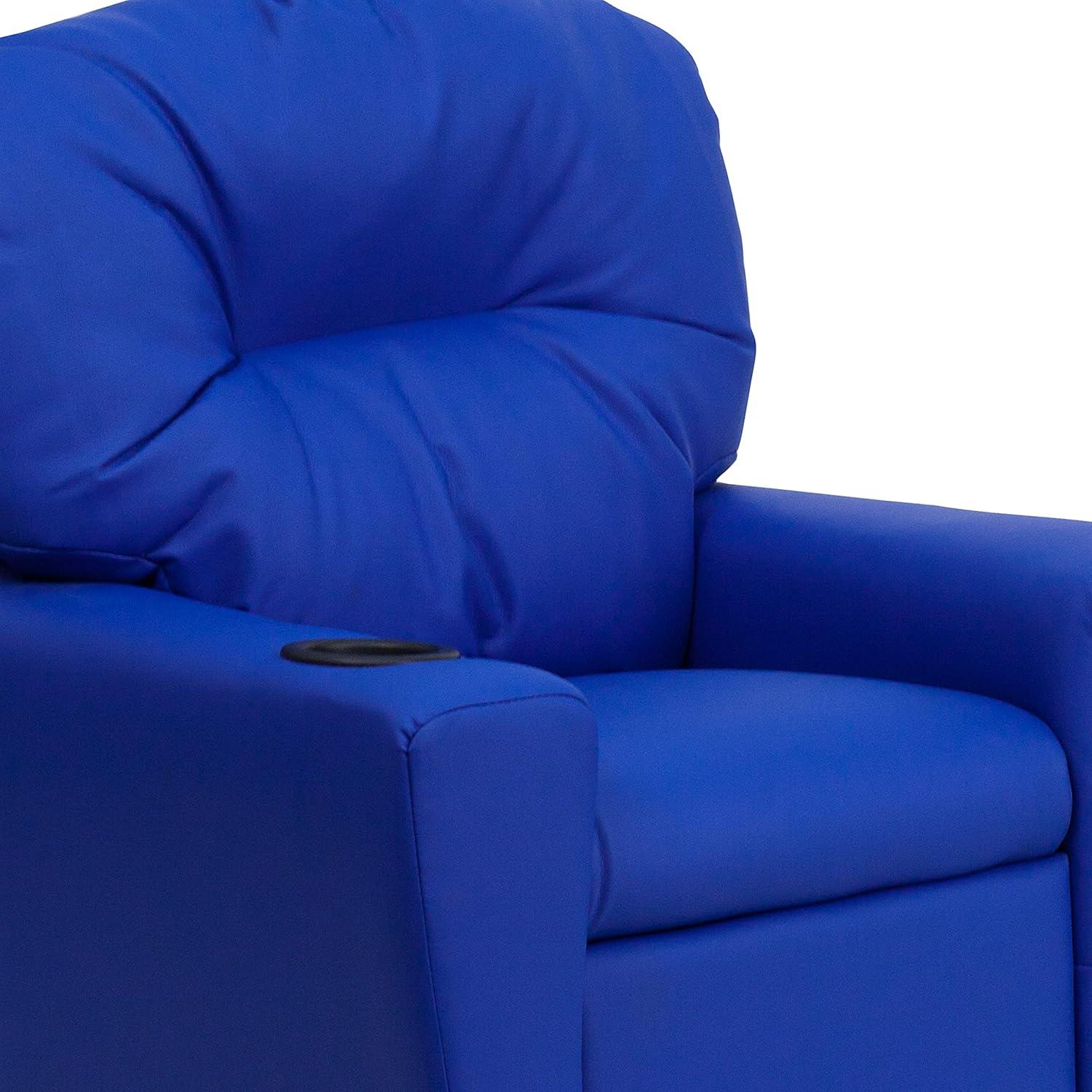imageFlash Furniture Chandler LeatherSoft Kids Recliner with Cup Holder and Safety Recline Contemporary Reclining Chair for Kids Supports up to 90 lbs BlackBlue Vinyl